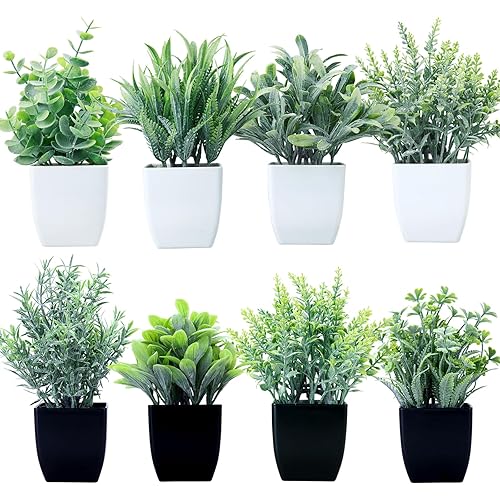 Fake Plants Mini Potted Artificial Plants, set of 8 Pack fake Plastic Eucalyptus Houseplants Greenery in Pot, Small Faux Plants Decor for Bathroom Home Office Farmhouse Desk Shelf(white,black)