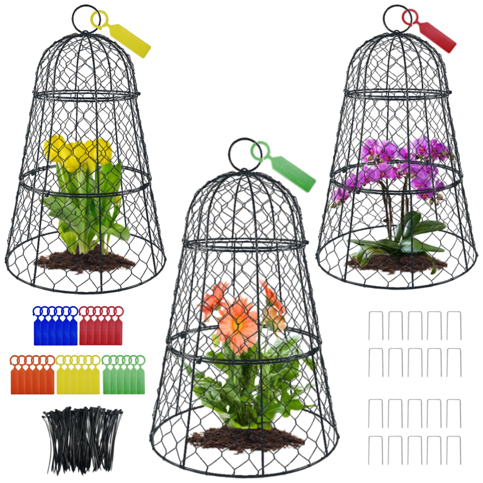 Lot de 3 housses de protection en fil de fer pour plantes, 45 cm x 29 cm, antirouille et robuste, avec piquets et étiquettes, cloches de jardin modulaires pour semis, fleurs, légumes, protéger des