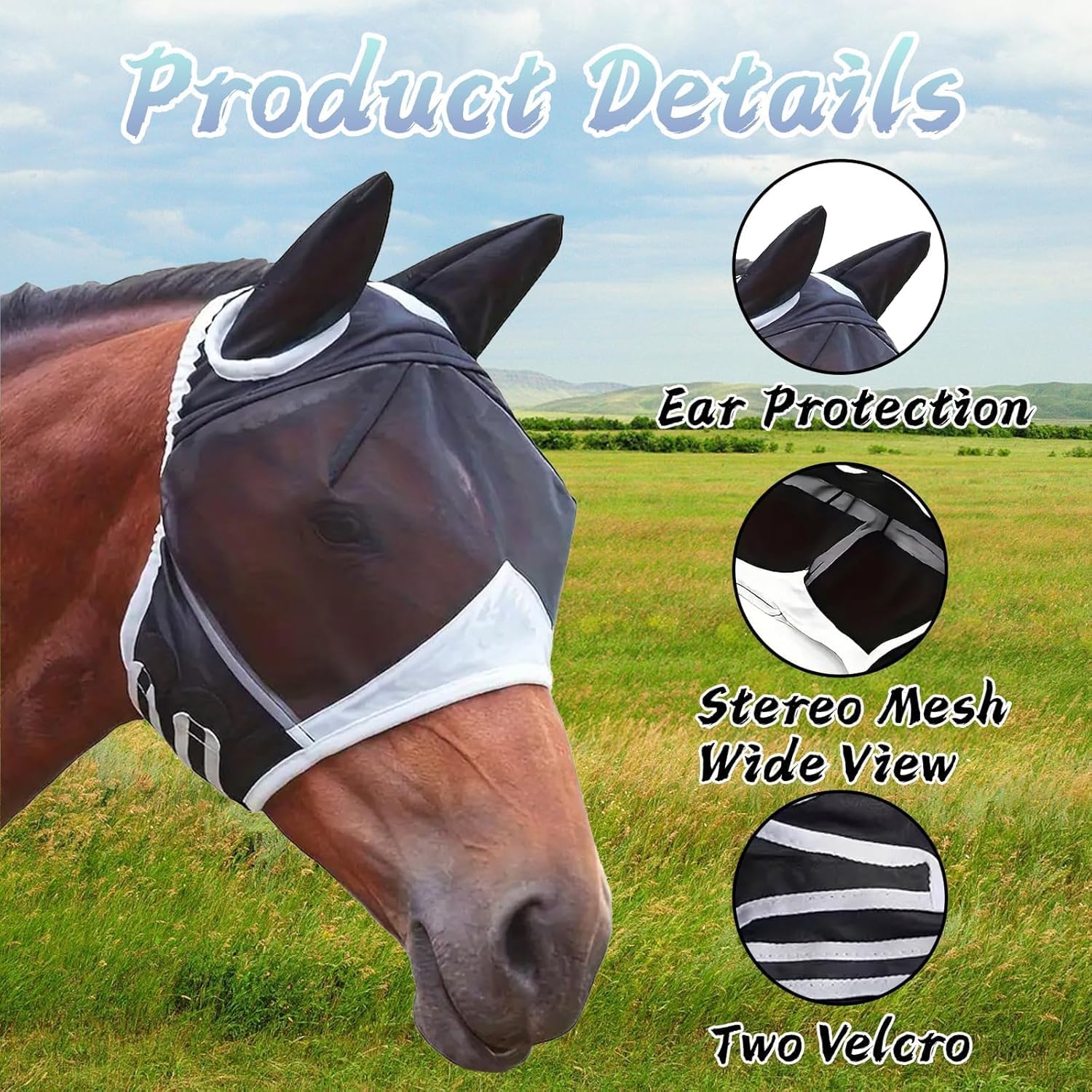 Maschera per mosche a cavallo nero protezione UV con orecchie rete traspirante 90x47x28 cm