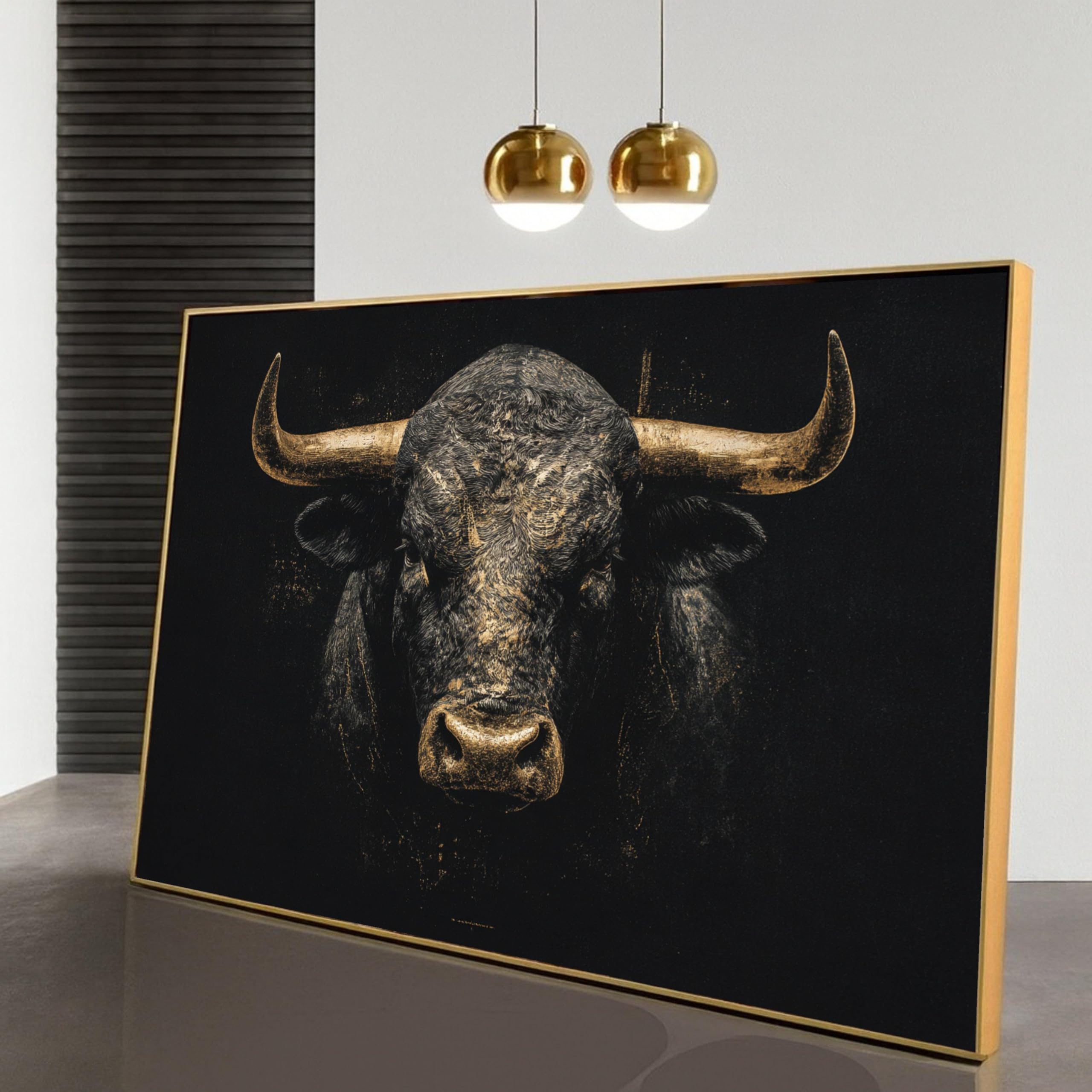 LMYCHENG Majestic Bull Face Canvas Wall Art, Rustic Animal Portrait Oil Painting, Dark Background Canvas, Farmhouse Buffalo Print(60x80cm/Frameless)