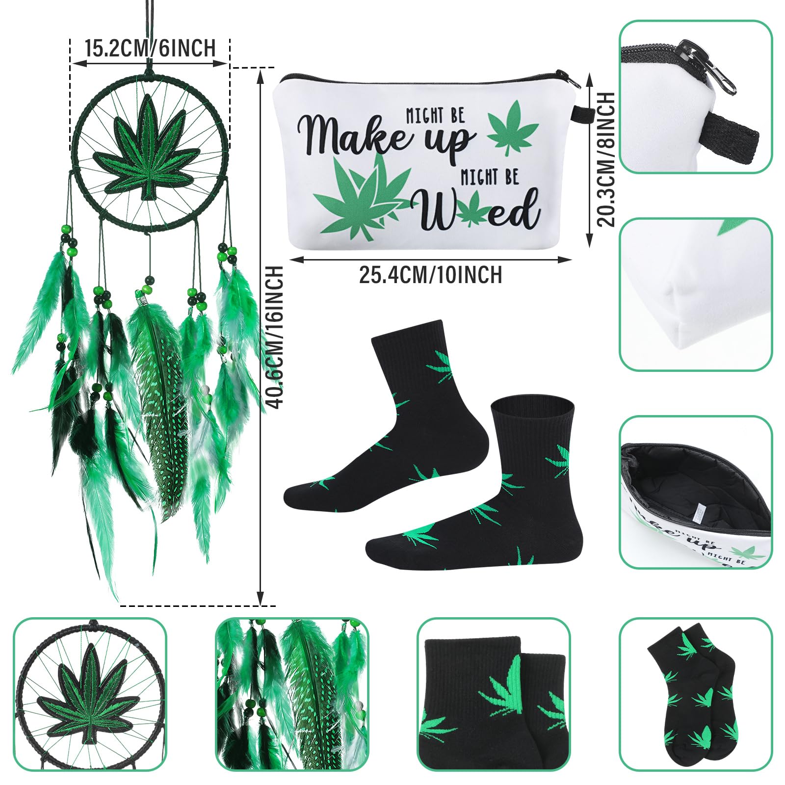 Wenqik 3 Pcs Green Leaf Gifts for Women, Friends, Mom, Green Enthusiasts Include Embroidery Dream Catcher, Makeup Zipper Bag, Stockings Cotton for Valentine Mind Birthday Christmas Party