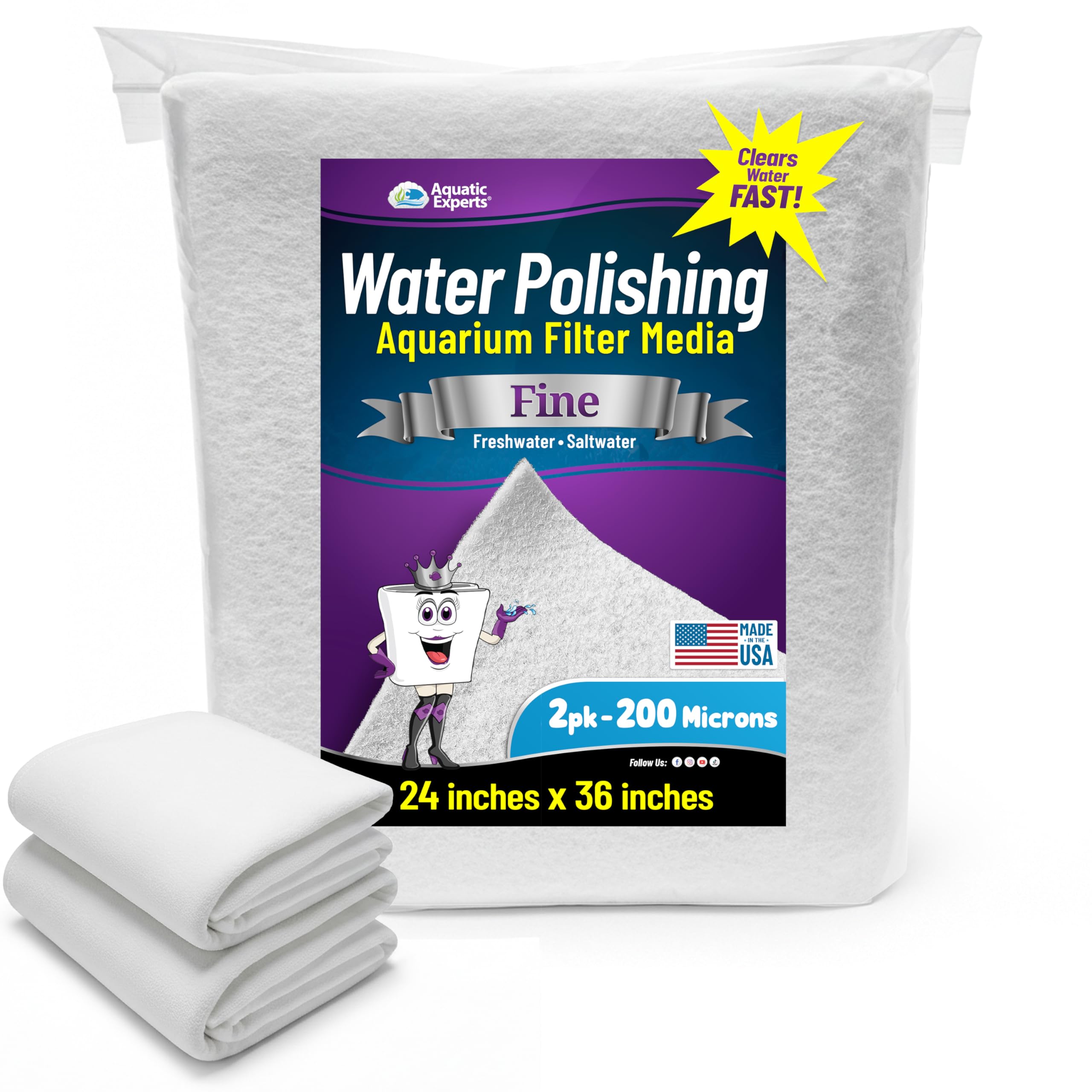 Aquatic Experts Aquarium Polishing Filter Pad, Aquarium Filter Pad, Aquarium Filter Floss for Fish Tank Filters, Water Polishing Pad for Aquarium Filters, (200 Micron, 24" x 36-2 Pack)