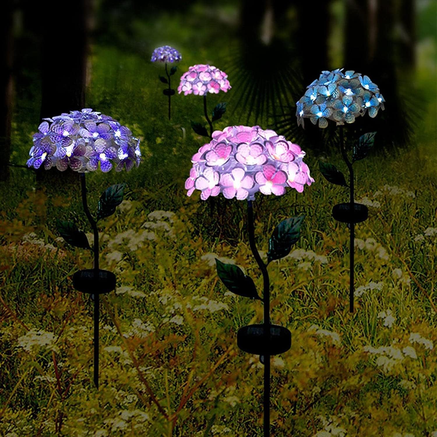 Solar Garden Lights Metal Flower Garden Stake Yard Art,Solar Hydrangea Stake Lights,Hydrangea Flowers Metal Stake With Solar Lights Outdoor,Waterproof LED Lights For Garden,Lawn,Patio,Courtyard ( Colo