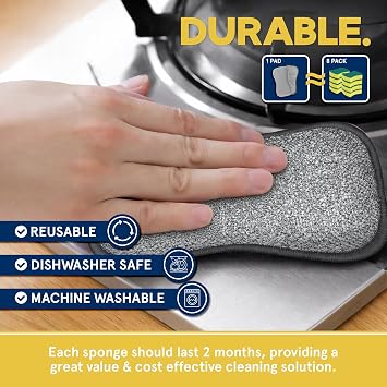 Multi-Purpose Kitchen Pads by Smith’s® | Grey | 6 Pack | Washing Up Dishes & Multi-Surface Scrub Sponges | Kitchen & Home | Non-Scratch | Durable | Chemical Free