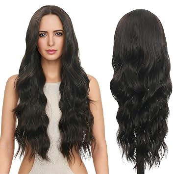 FUTAI RYHAIR 30 inches Long Wavy HD Lace Front Wig with Dark Brown Synthetic Hair for Women Daily Cosplay Halloween