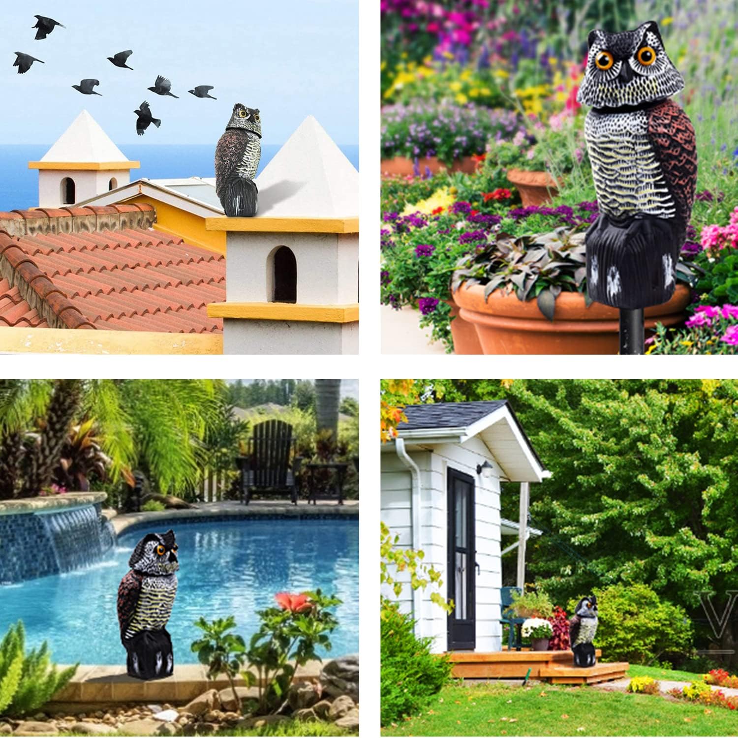 Spaventapasseri a Forma di Gufo, Gufo Scaccia Piccioni da Balcone, Statua Gufo da Giardino Esterno in Plastica, Gufi Dissuasori con Testa girevole 360° y Suono per tetto, Piscina, Cortile, Fattoria
