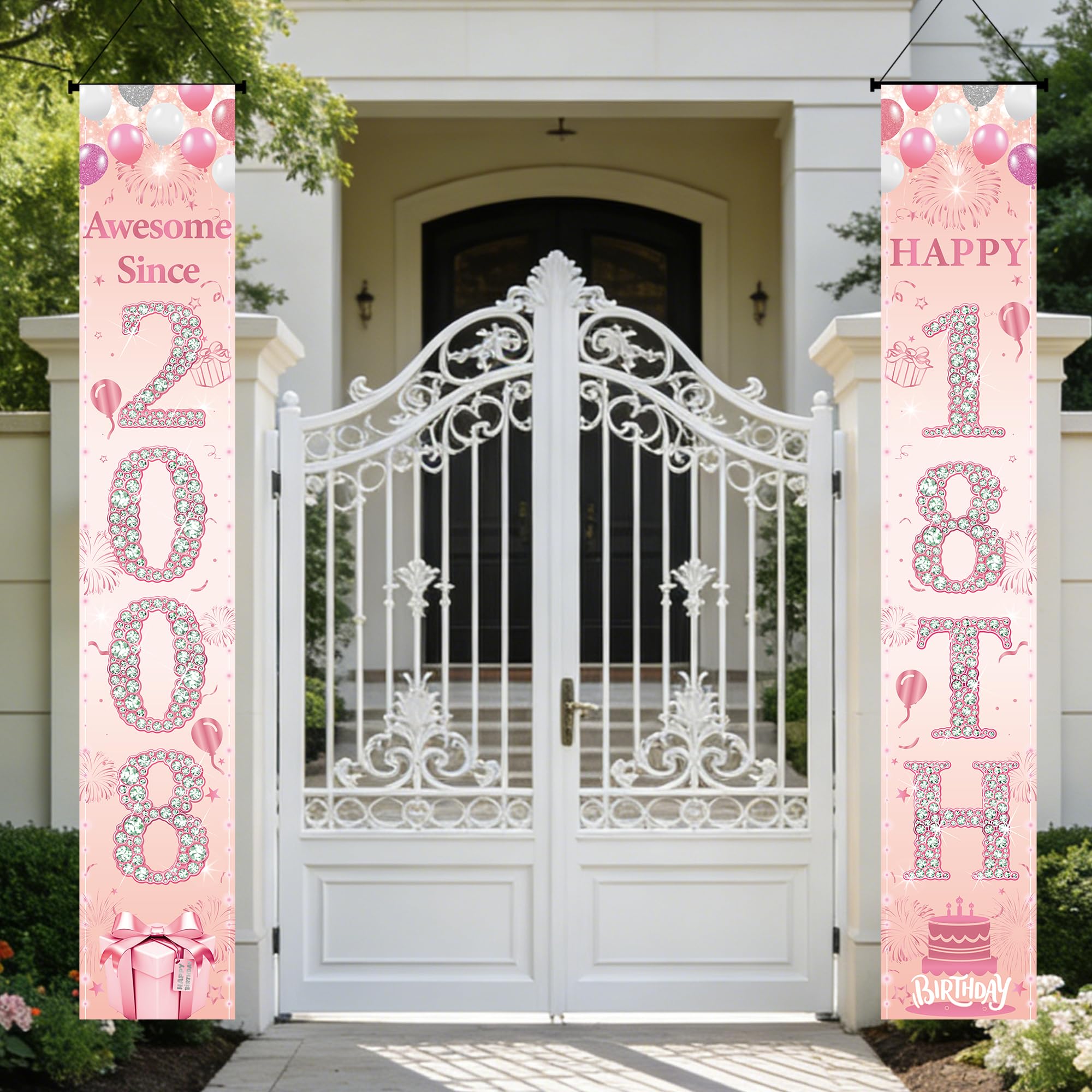 18th Birthday Decorations Door Banner - 2 Pcs Girl Rose and Gold Happy 18th Birthday Awesome Since 2008 Banners Door Porch Sign for 18 Years Old Girls Party Backdrop Decor Supplies (5.9x0.9ft)