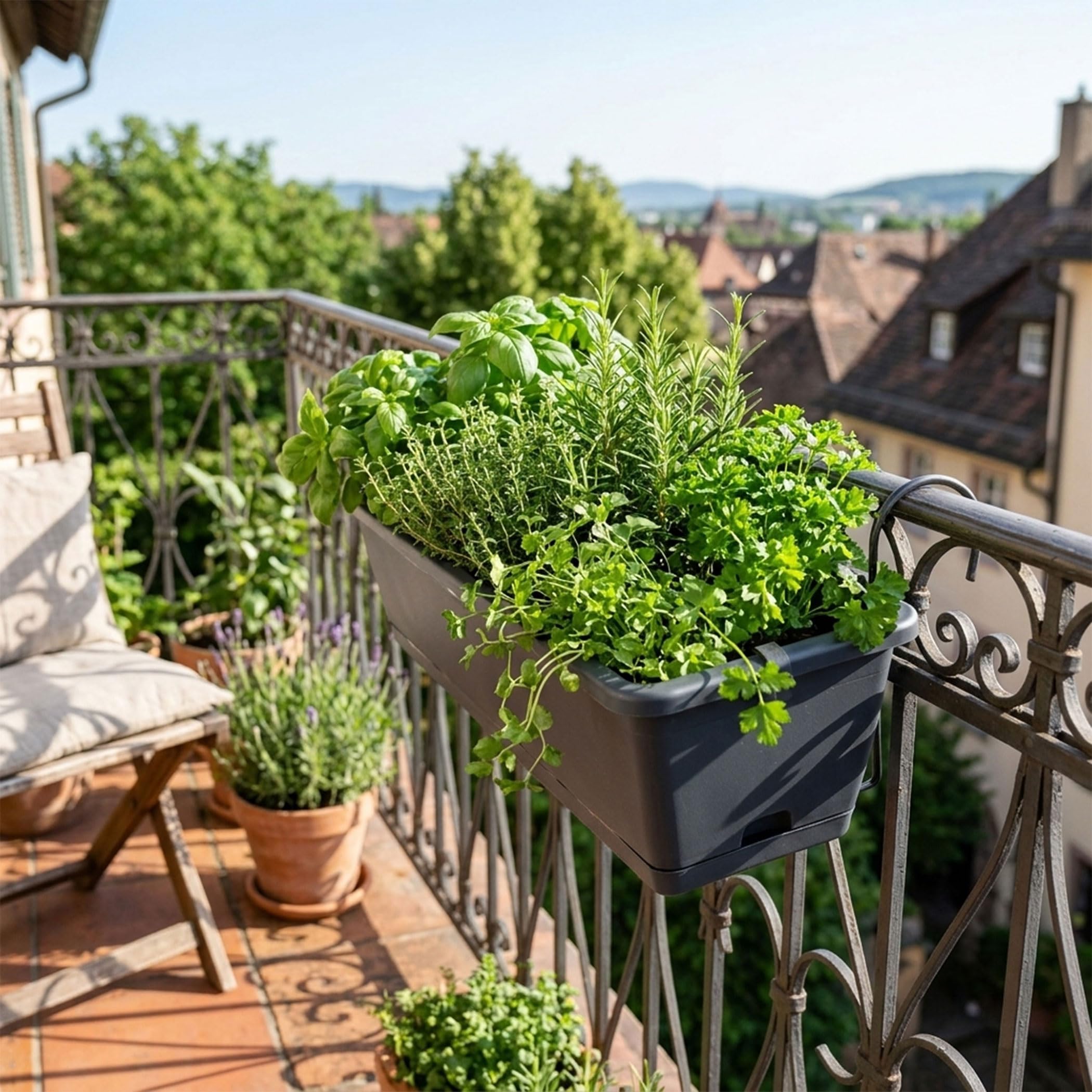 Spetebo Jardinière de balcon avec support et système d'irrigation - 2 pièces de 60 cm - En plastique anthracite - Pot de fleurs à suspendre avec évacuation de l'eau