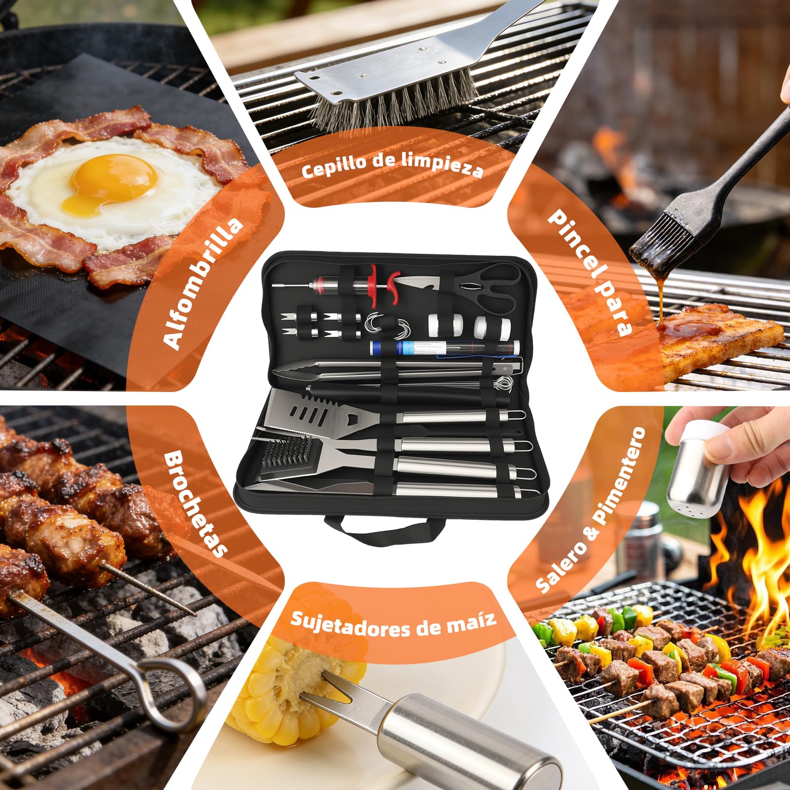 Juego de 32 Piezas Set Accesorios Barbacoa, Acero Inoxidable Kit Utensilios Barbacoa para Asar al Aire Libre con Bolsa, Cuchillo, Termómetro y Jeringa para Carne, Regalo para Hombre, Padre, Cumpleaños