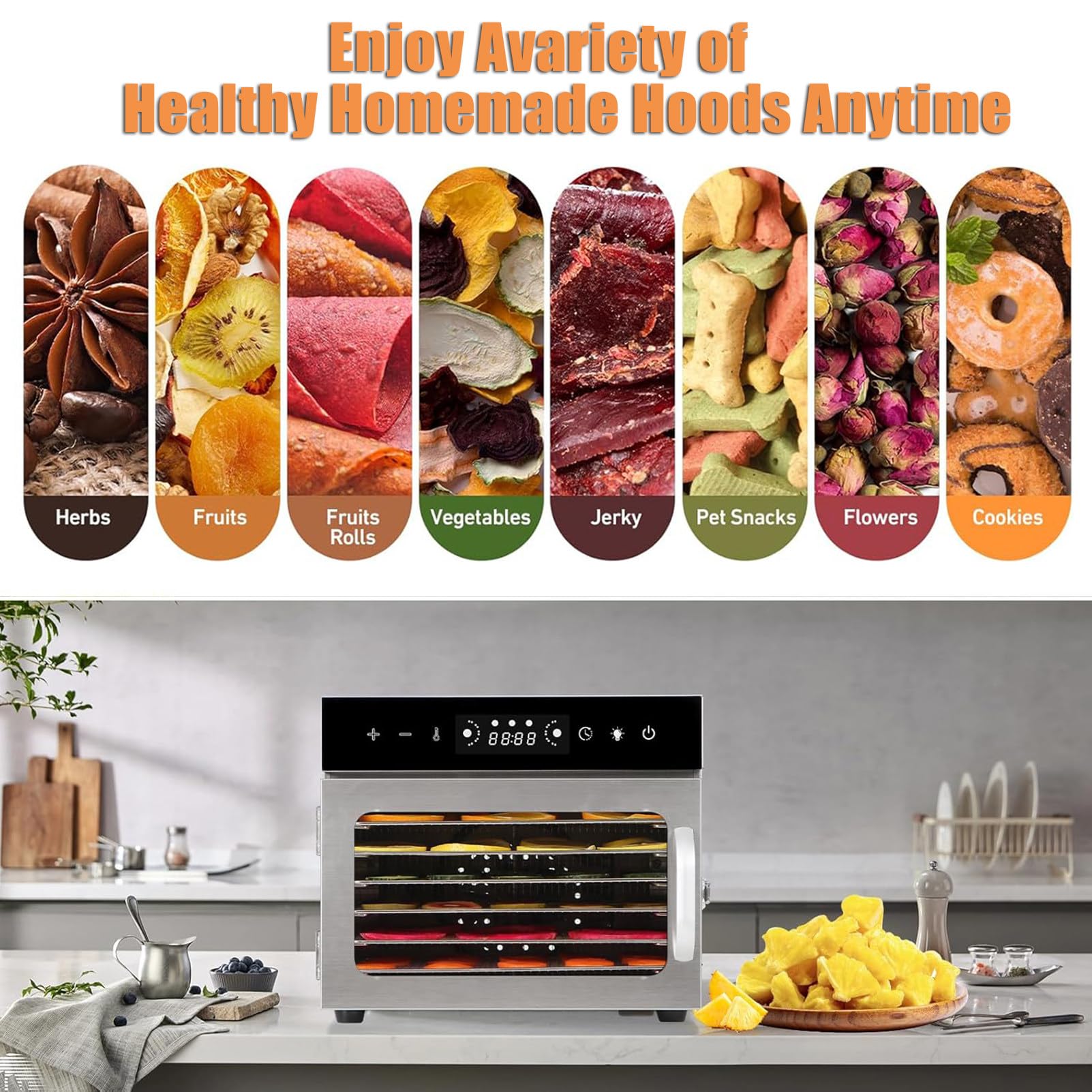 Essiccatore Per Alimenti A 6/8/12/18 Vassoi, Essiccatore Per Frutta In Acciaio Inox, Essiccatore Per Carne Con Vassoi Rimovibili, Controllo Della Temperatura Da 30℃ A 90℃, Timer 24 Ore,6-Tray