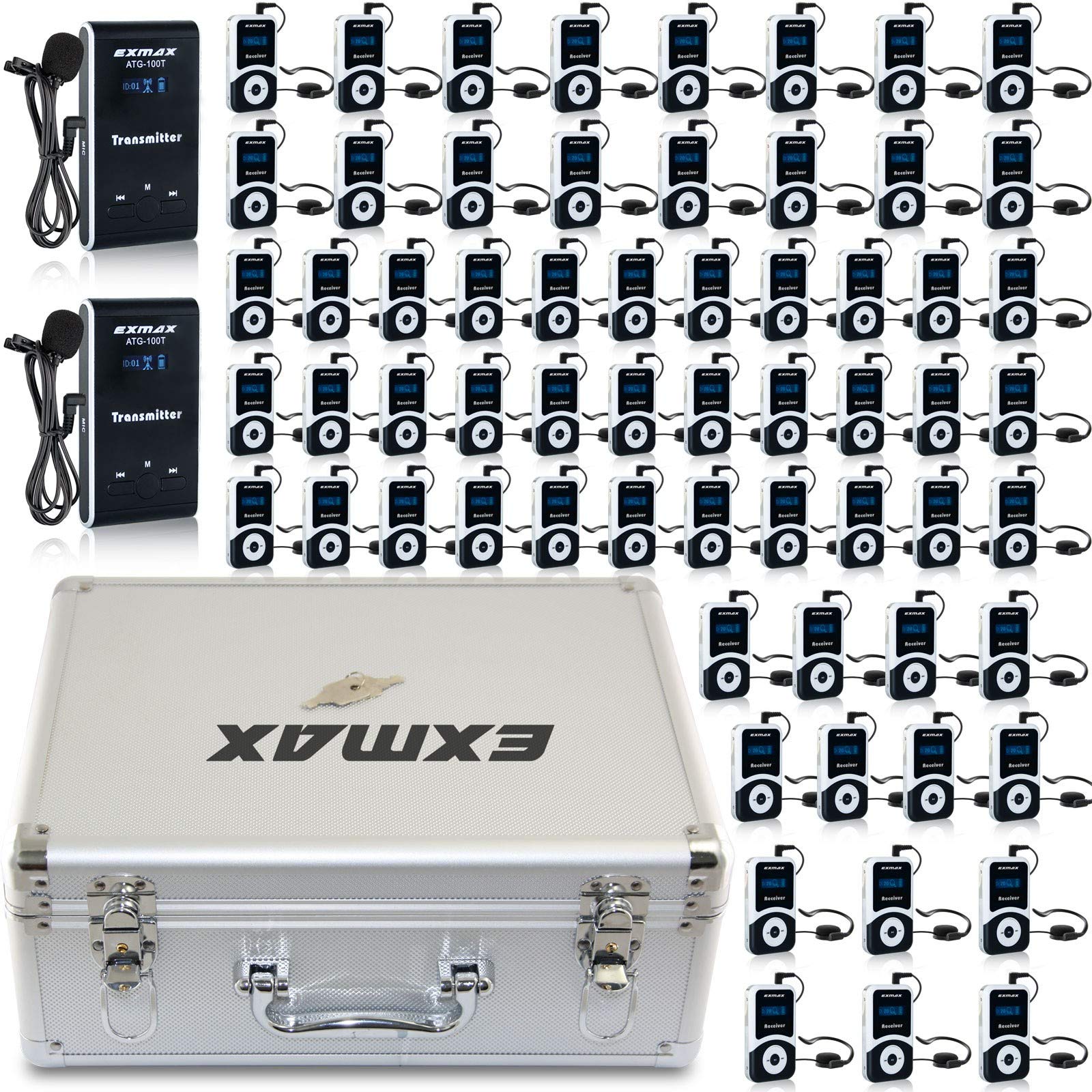 EXMAX ATG-100T 195MHz Wireless Tour Guide System Audio Voice Transmission with Carrying Case(NOT Charging Case),for Teaching,Conference,Tour Guides (2 Transmitters and 63 Receivers w/Silver Case)