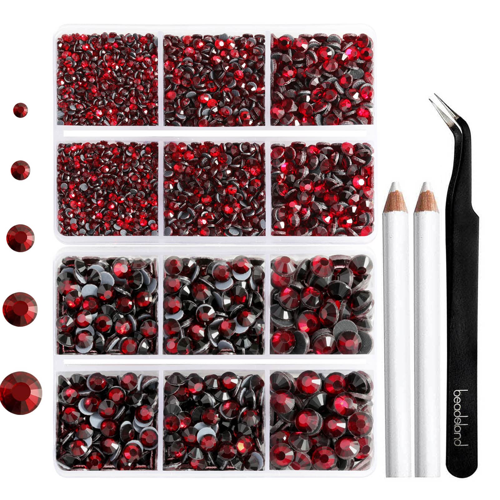 6736pcs Hotfix Rhinestones Flatback,Dark Red Rhinestones for Crafts Clothes Mixed 5 Sizes, Hotfix Crystals with Tweezers and Wax Pencil Kit, SS6-SS30,Dark Siam — image 1
