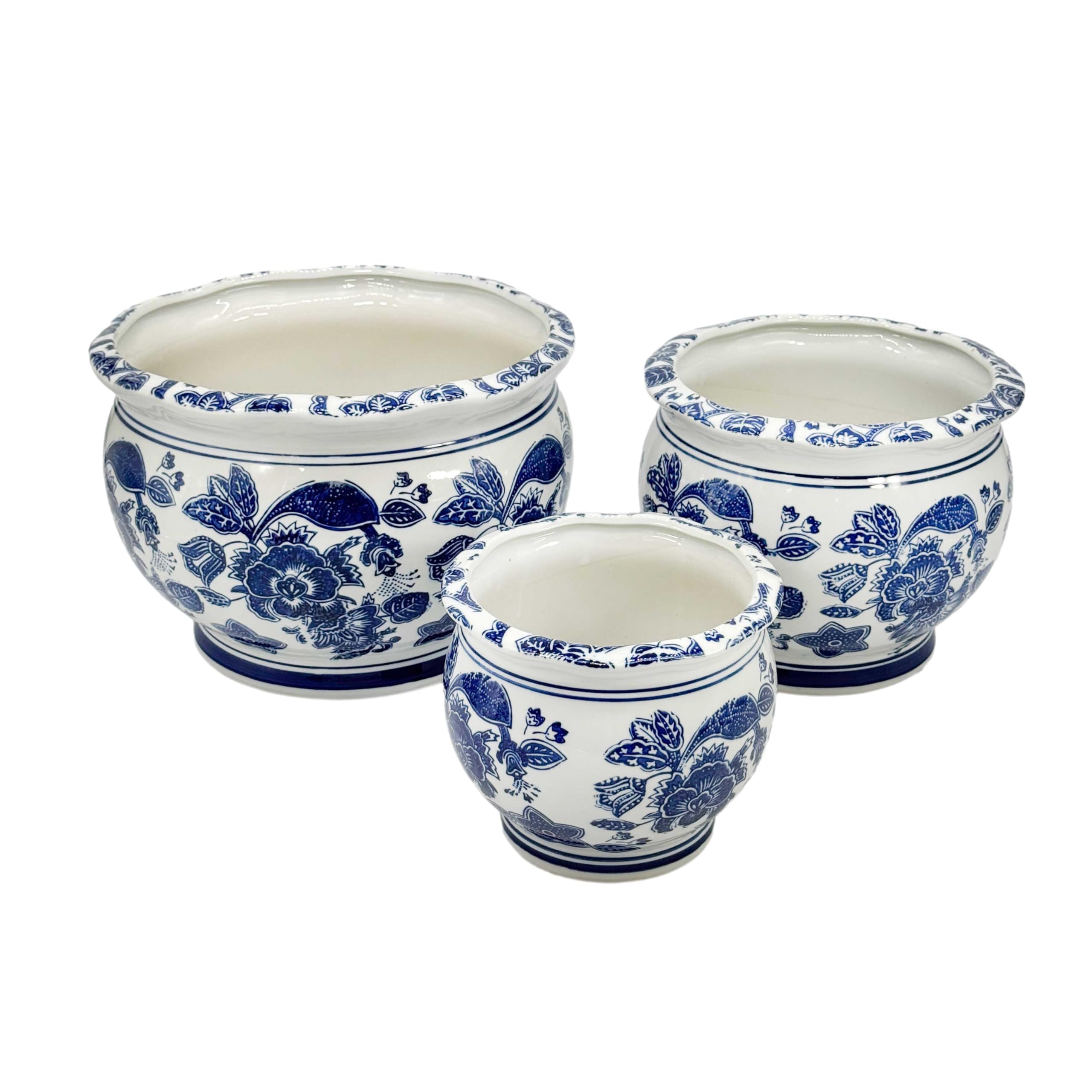 Galt International Floral Blue and White Round Porcelain Planter Set of 3
