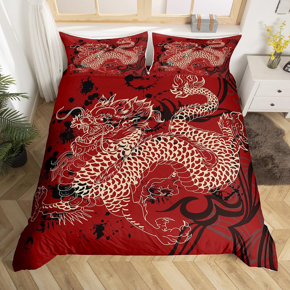 Homemissing Dragon Duvet Cover Boys Girls Traditional Element Bedding Set For Kids Chinese Dragon Comforter Cover Set Red Black Bedspread Cover Decor Bedclothes Zipper Single