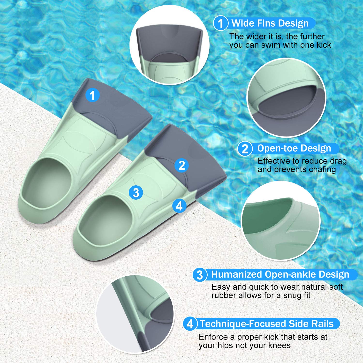 Gintenco Swim Fins, Kids Swim Training Fins for Lap Swimming, Travel Size Flippers with Mesh Bag, Silicone Swimming Fins for Kids Teens Adults Women Men