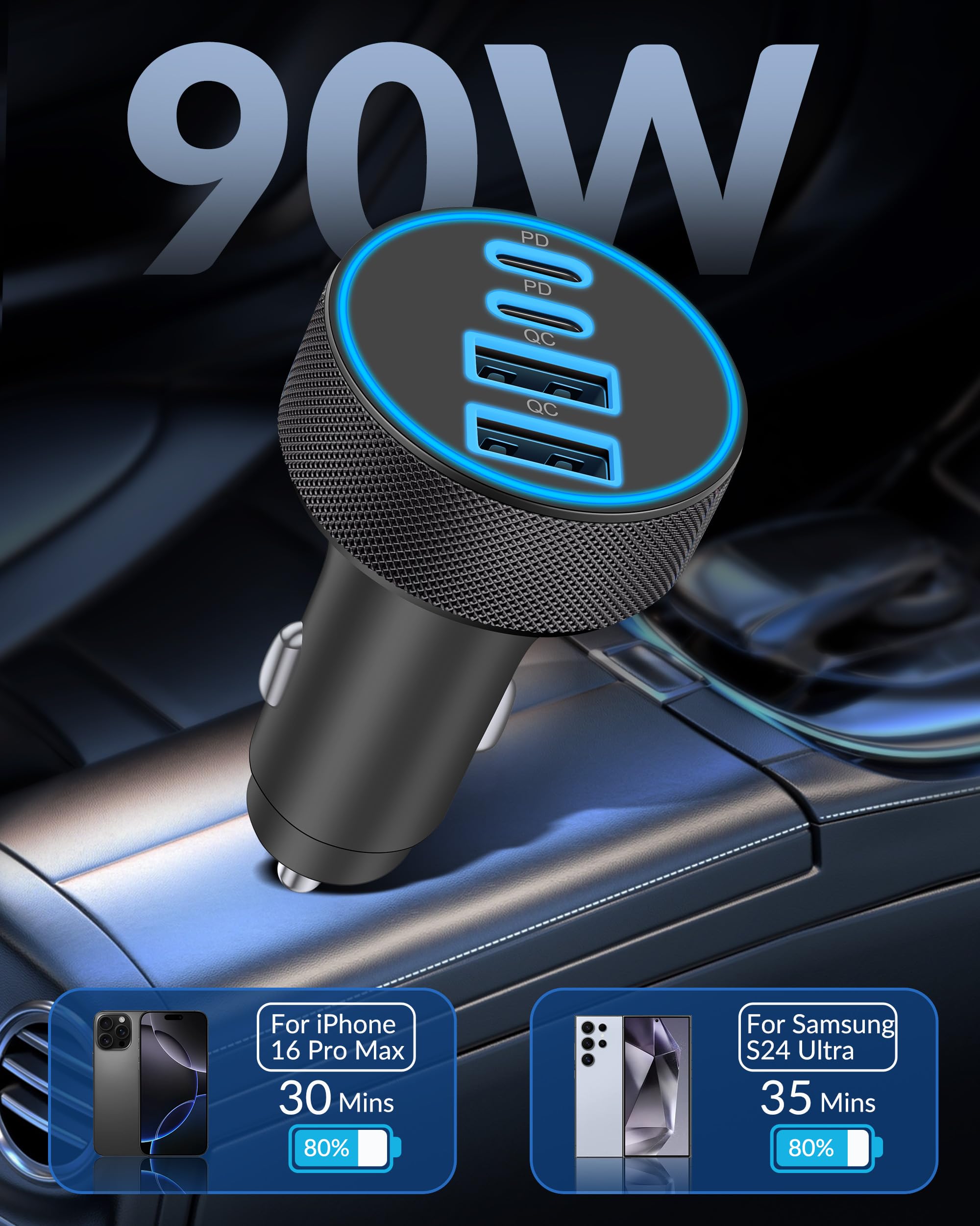 [4 in 1] USB C Car Charger, 4-Port 90W Super Fast Charging Cigarette Lighter Adapter, Dual 45W USBC & USB-A Multiport Car Phone Charger Accessories for iPhone 16e 16 15 14 13 12, iPad, Samsung Tablet