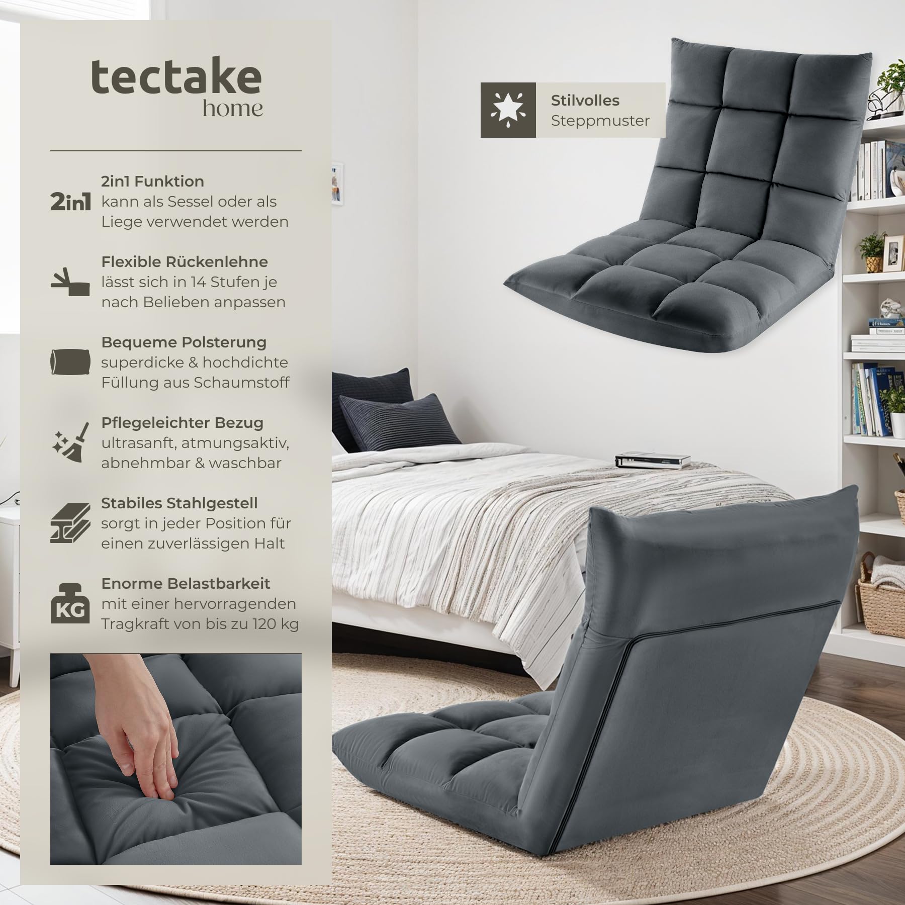 tectake® Relaxsessel, XXL Bodenstuhl faltbar mit Liegefunktion, Bodensessel mit Verstellbarer Rückenlehne, nutzbar als Sessel, Sitzkissen, Bodenkissen, Relaxliege oder für Meditation (grau)