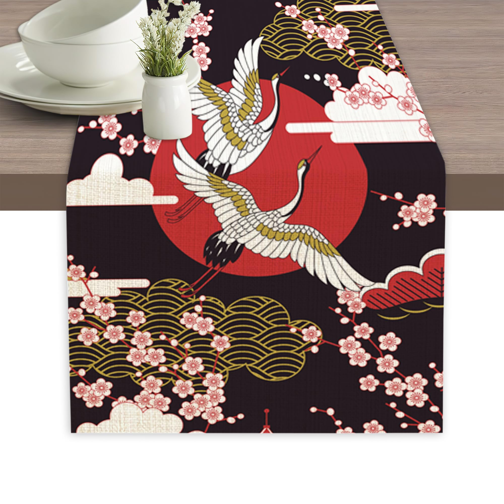 Japanese Luxury Cherry Bird Table Runner Linen Long Farmhouse Rustic TableRunner for Party Holiday Dining Room /Kitchen,13 x 70 Inches