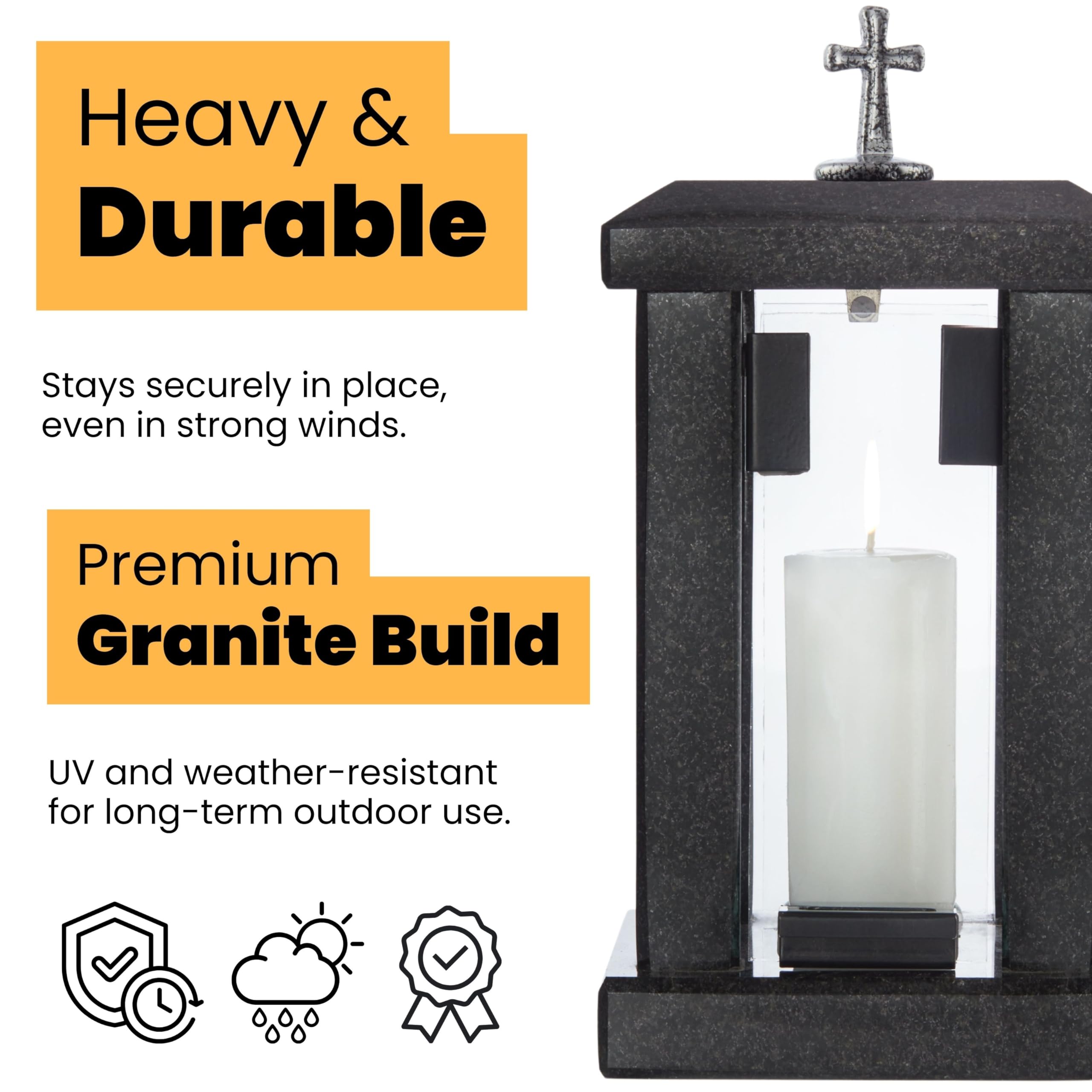 Lampe Funéraire Suédoise En Granit Et Aluminium - Noire, 22 Cm (28 Cm Avec Croix) - 8