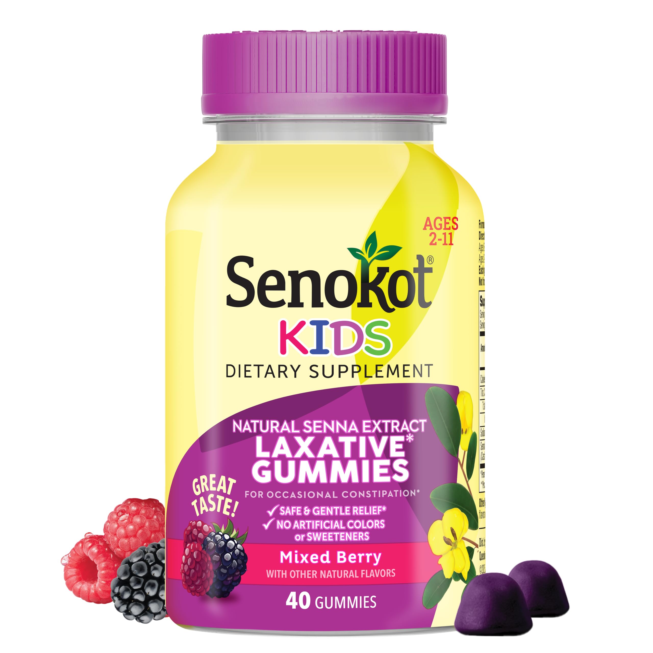 Senokot Kids Mixed Berry Laxative Gummies for Age 2+, Senna Extract for Gentle, Overnight Relief from Occasional Constipation, 40 ct