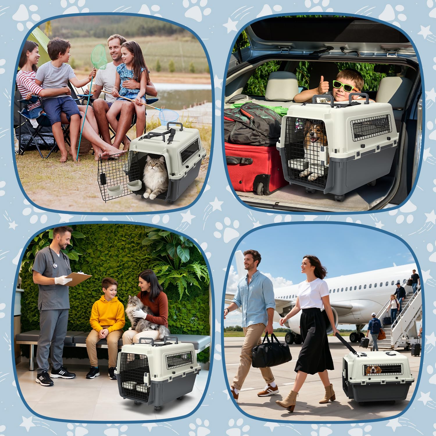 Cage de transport pour animaux avec fenêtre et porte, en plastique PP, avec poignée et corde, roues, 67,3*54,9*51,5 cm, avec couches et bols suspendus, gris blanc