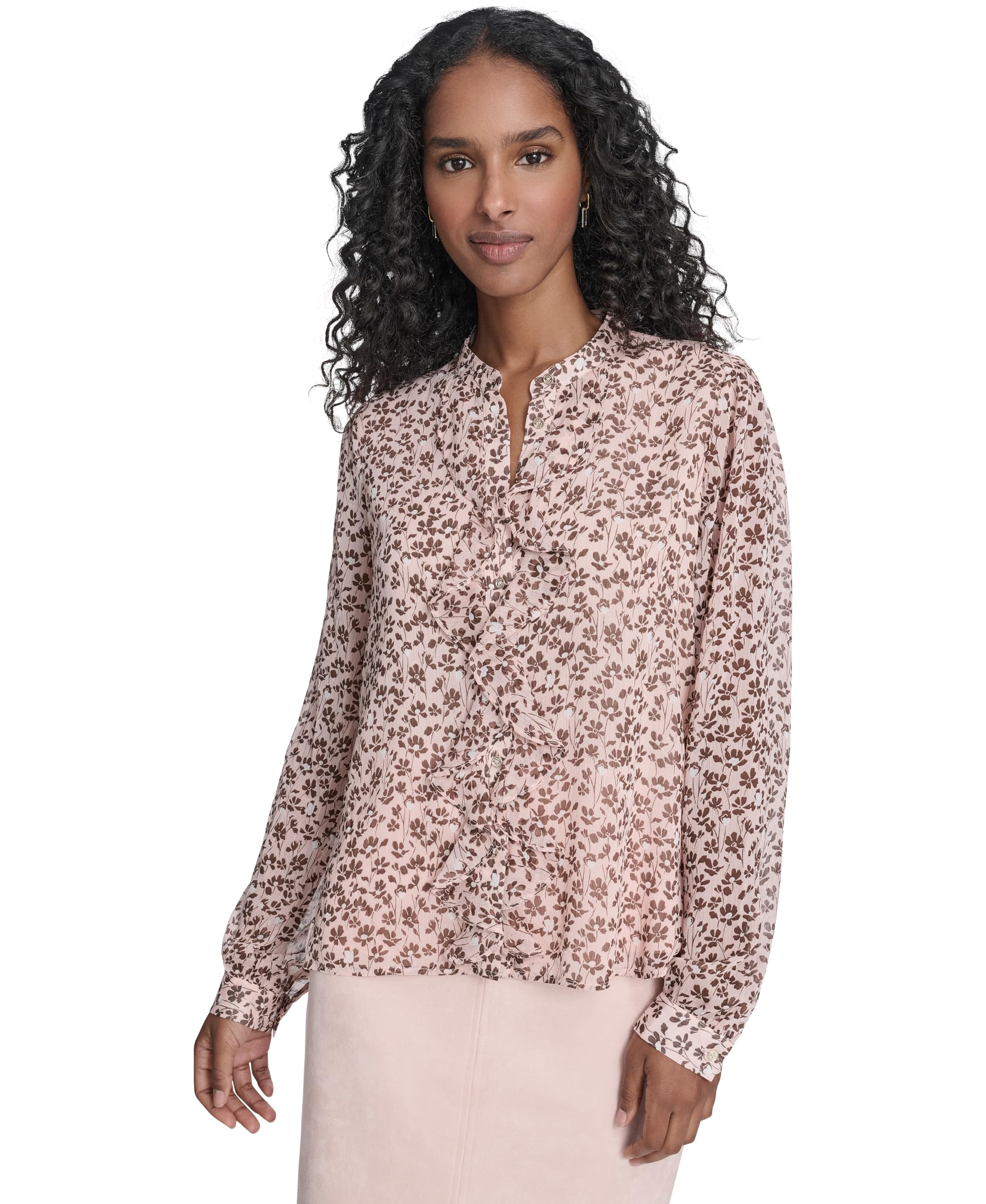 Tommy Hilfiger Damen Long Sleeve Printed Ruffle Front Woven Blouse Gestrickte Bluse mit Langen Ärmeln und Rüschen auf der Vorderseite (1er Pack)