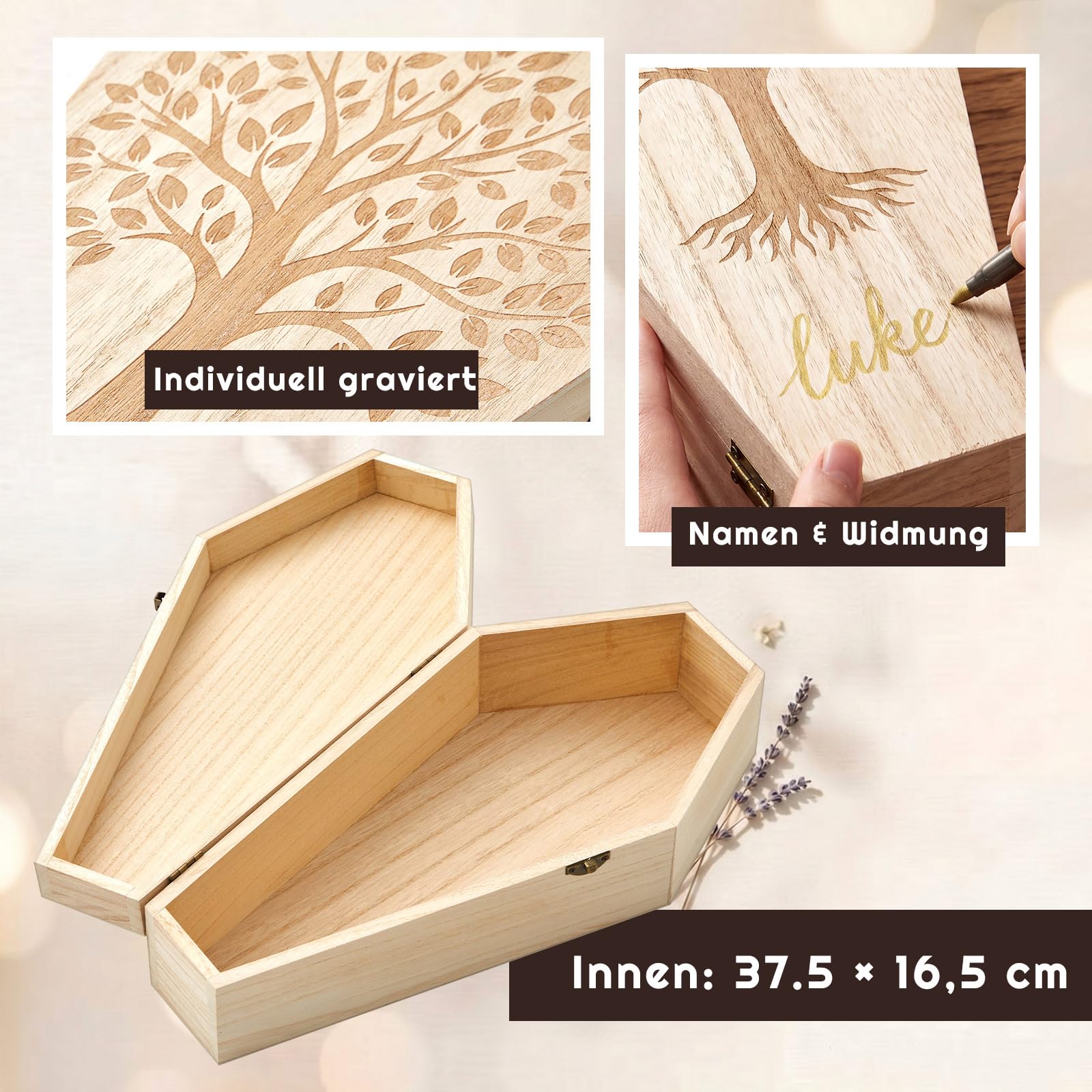 Jetec Cercueil Animaux Bois 37,5x16,5x7cm Gravure Arbre de Vie Marqueur Doré Hommage Digne Hamster Oiseau Serpent Lézard Souris Urne Funeraire Souvenir
