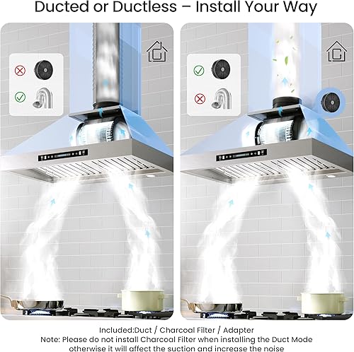 Miniatura 6 de IKTCH Campana extractora negra de 30 pulgadas para montaje en pared, 900 CFM con canalizadosin conductos, campana de ventilación de acero inoxidable