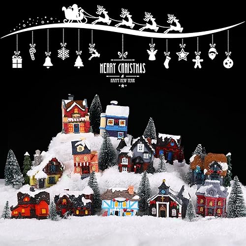 Miniatura 4 de Kajaia 12 Piezas Casas de Pueblo de Invierno Navideño con 12 Piezas de Árboles Lámpara Luces LED Navidad Figurita de Pueblo de Invierno Accesorio de