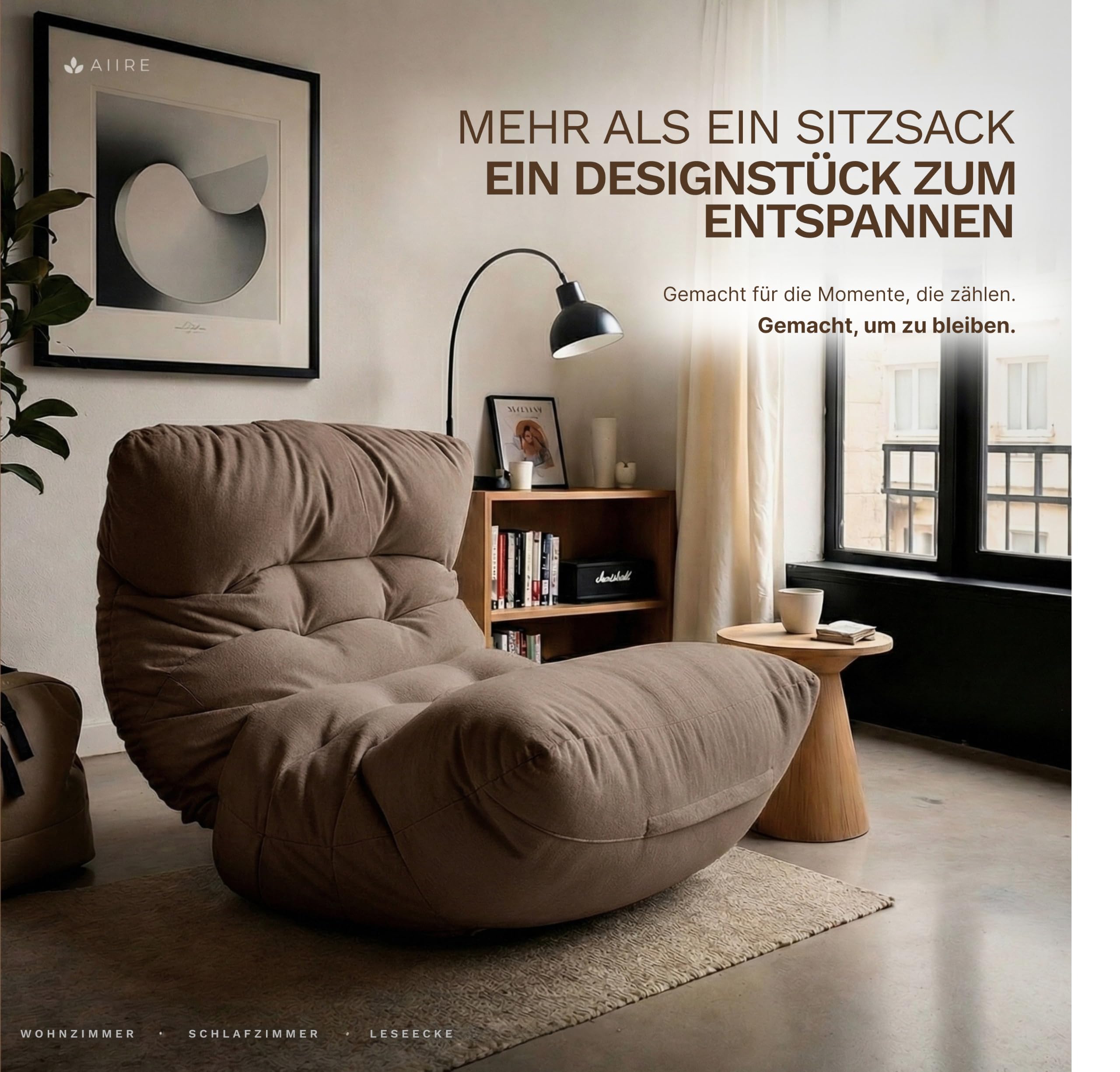 Aiire Relaxo Sitzsack XXL für Kuschelecke - Bean Bag Design mit Füllung - Riesen Sitzsäcke Erwachsene, Sitz Sack Flauschig - Bodenkissen Grob, Bodenstuhl, Bodensessel Braun