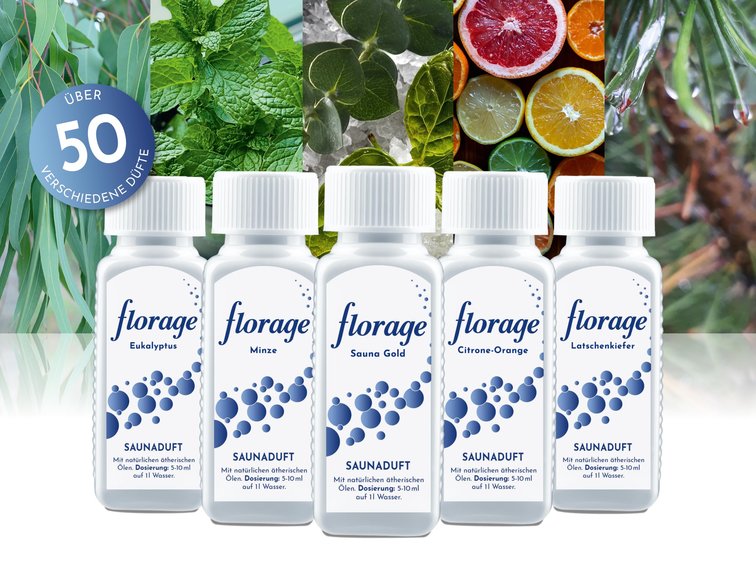 5x 100ml Saunaaufguss Saunaduft Konzentrat Duftöl Geschenkset - Eukalyptus, Minze, Latschenkiefer, Citrone/Orange, Sauna Gold - auch für Kräuterbäder, Aromaschalen und Thermarien