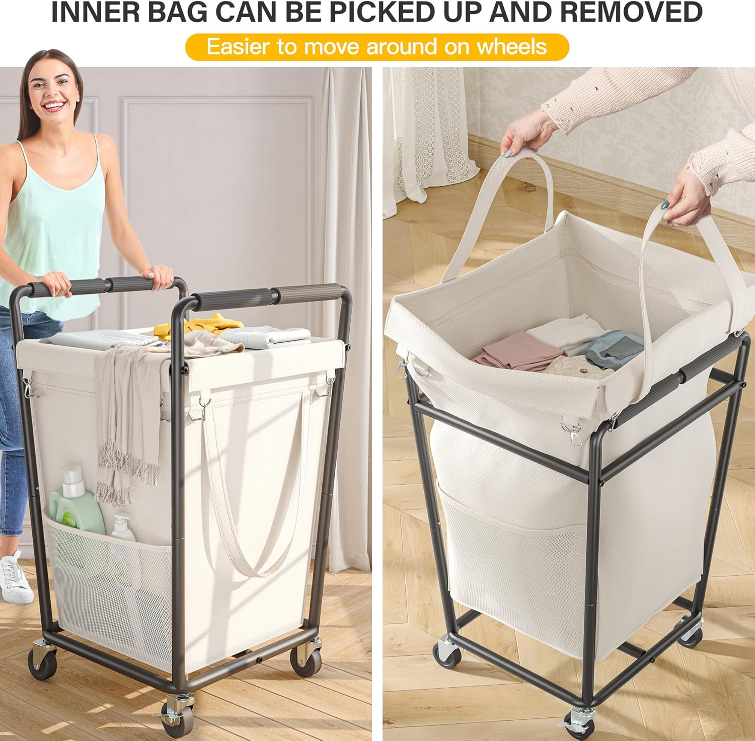 180L Laundry Basket with Wheels & Handles, Laundry Cart with Removable Bag & Metal Frame for Clothes Storage, Hamper with Wheels for Laundry Room, Bathroom, Dorm, Home, Closet (Beige)