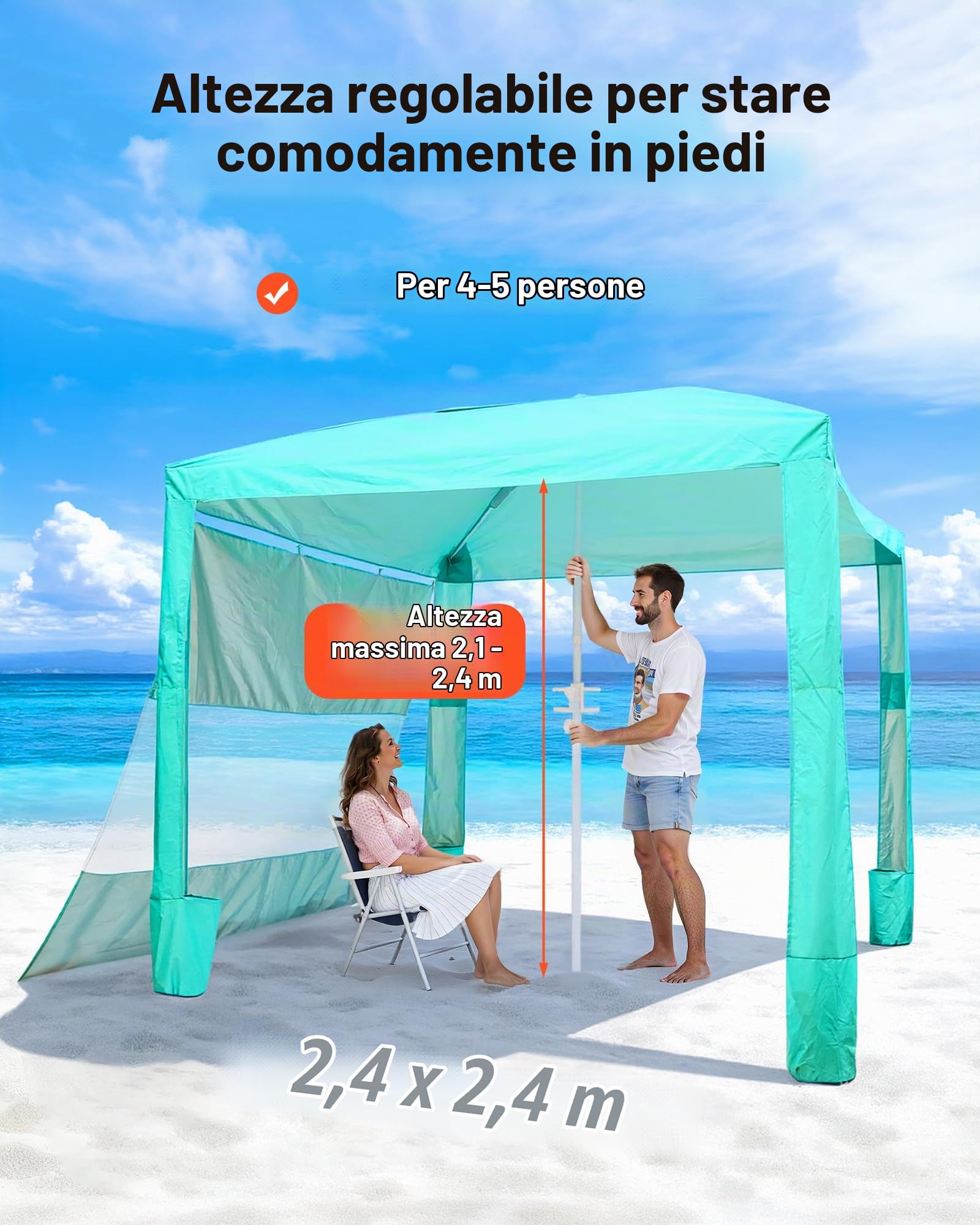 VEVOR Tenda da Spiaggia da 2400 x 2400 x 2400 mm, con Parete Laterale, Facile da Montare, con Tasche per la Sabbia, Ombrellone Parasole Portatile Regolabile in Altezza per Famiglia e Amici, Verde
