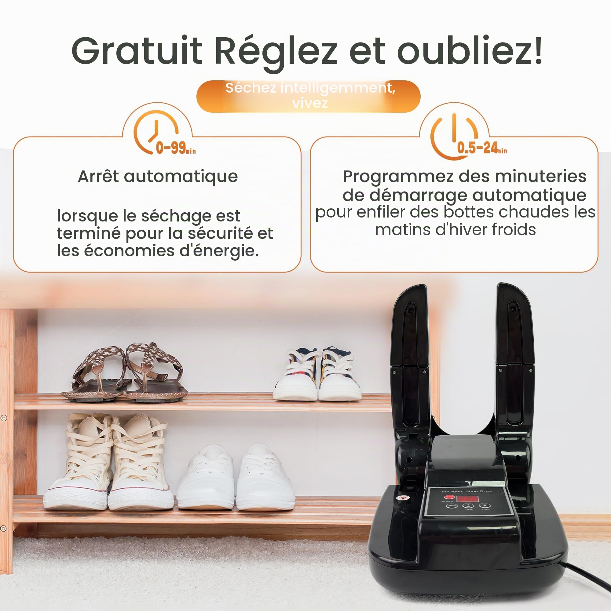 MBSM Sèche-Bottes et Chaussures, seche Chaussure Electrique, seche Gants de Boxe, seche Chaussures de Foot, Support Portable réglable et minuteur, Design Pliable et séchage Rapide pour Chaussures
