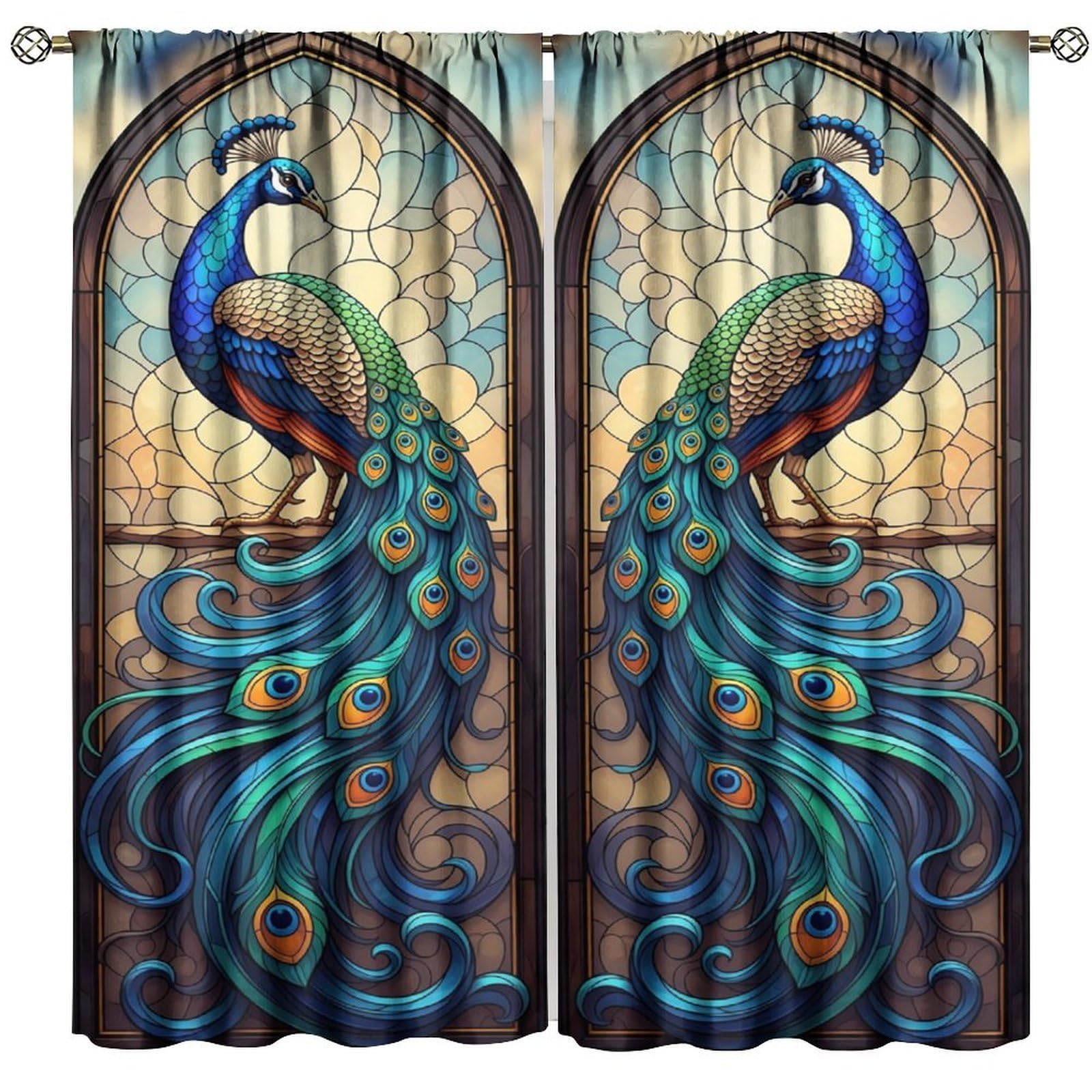 BenYaSong Peacock Blackout Window Curtain Stained Glass Peacock Rectangular Arched Window Shape for Home Kitchen Livingroom Coffee Room Window Drapes 2Panel 84" W X 84" L