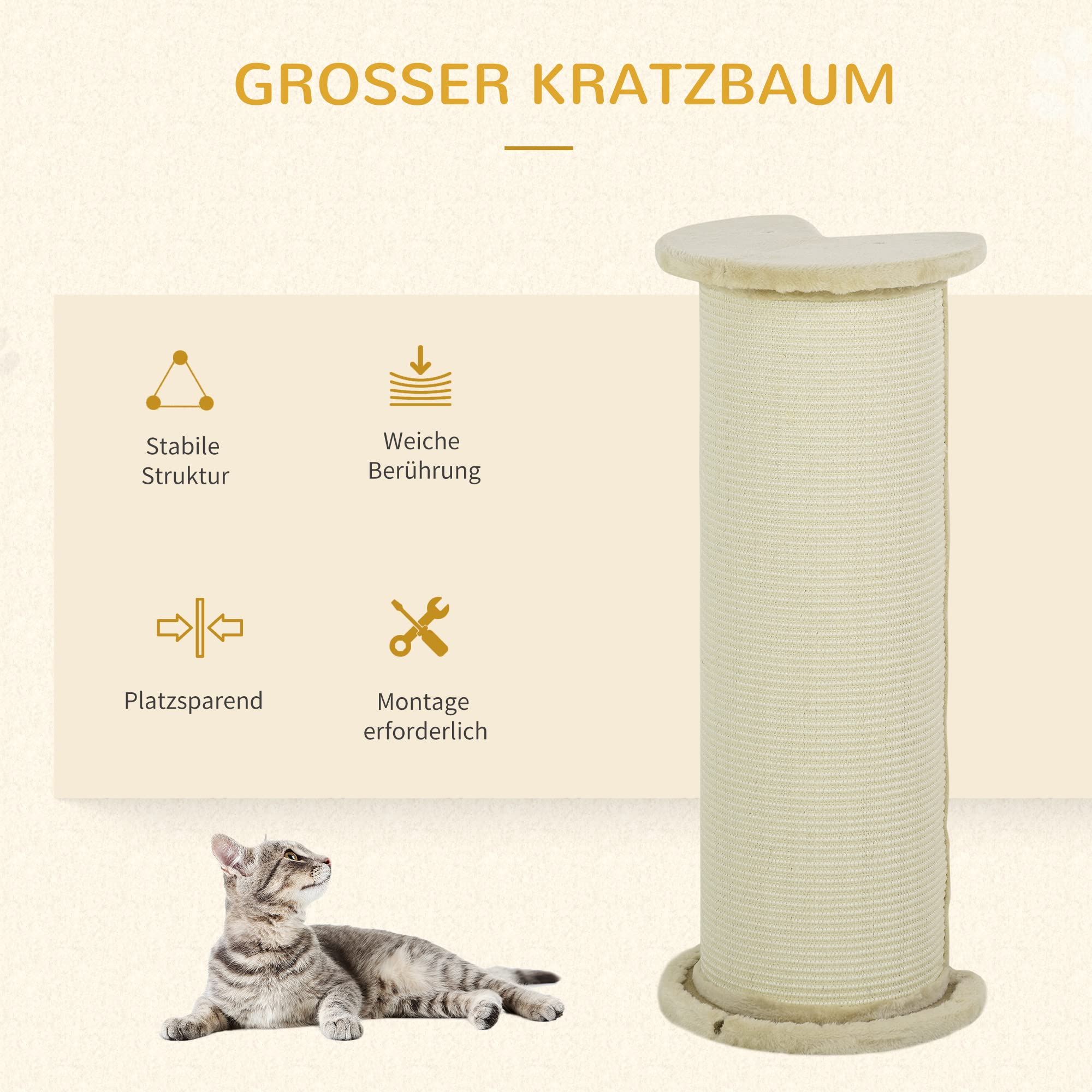 PawHut Kratzbaum 85 cm Hoch Kratzsäule Kratzstamm mit Sisalseil, Kippschutz Katzenkratzbaum Katzenbaum für mittelgroße Katzen, Cremeweiß