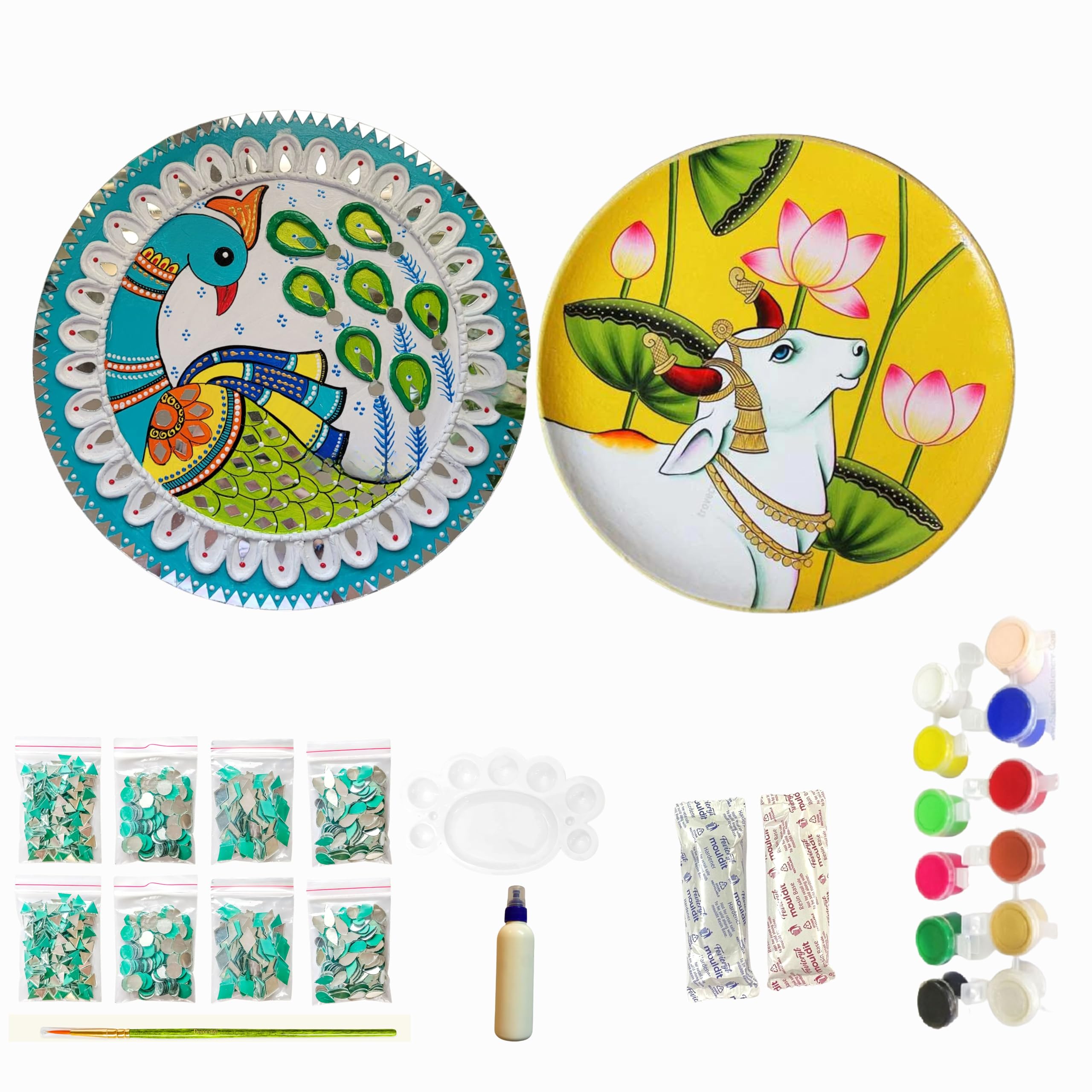 Decordial Premarked pichwai Art Materials kit with MDF DIY kit lippan Art Mirror, 1 pcs lippan Art Painting Brush and Colour-image-5