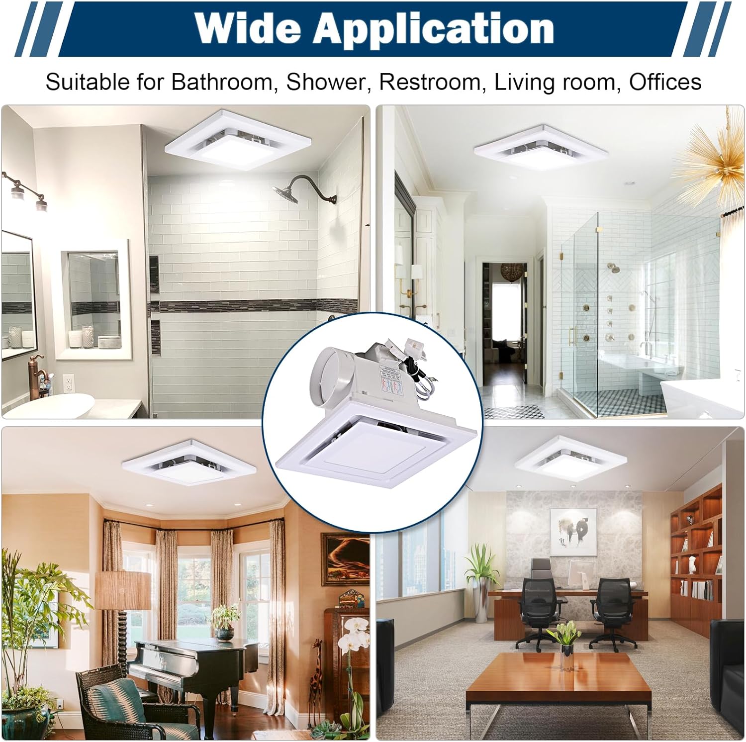 Close-up details of the FEITON exhaust fan components: high-quality motor, 6500K LED light, LED light connector, anti-mosquito check valve, buckle design, and junction box.