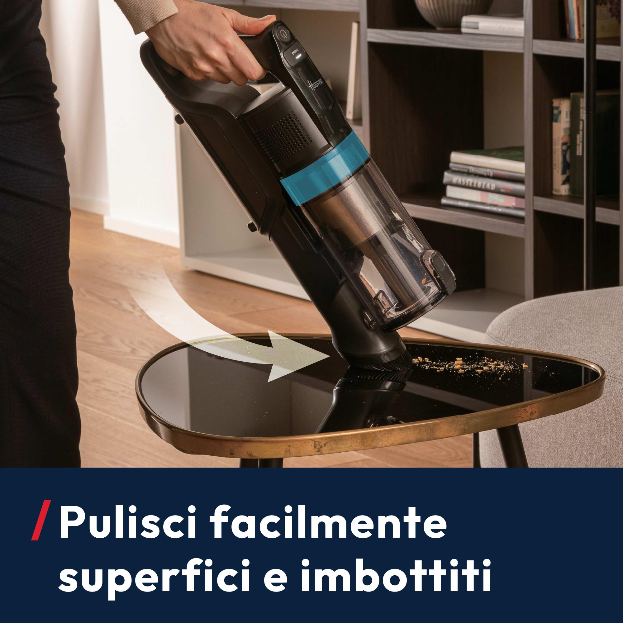 Hoover HF1 Plus con Tubo Flex, Scopa Elettrica Senza Fili con Modalità Turbo, Spazzola All Floor con Tecnologia Anti-Twist, Autonomia 45min, Quick Park&Go, Luci LED, Mini Turbo Spazzola [HF1PZ10PX]