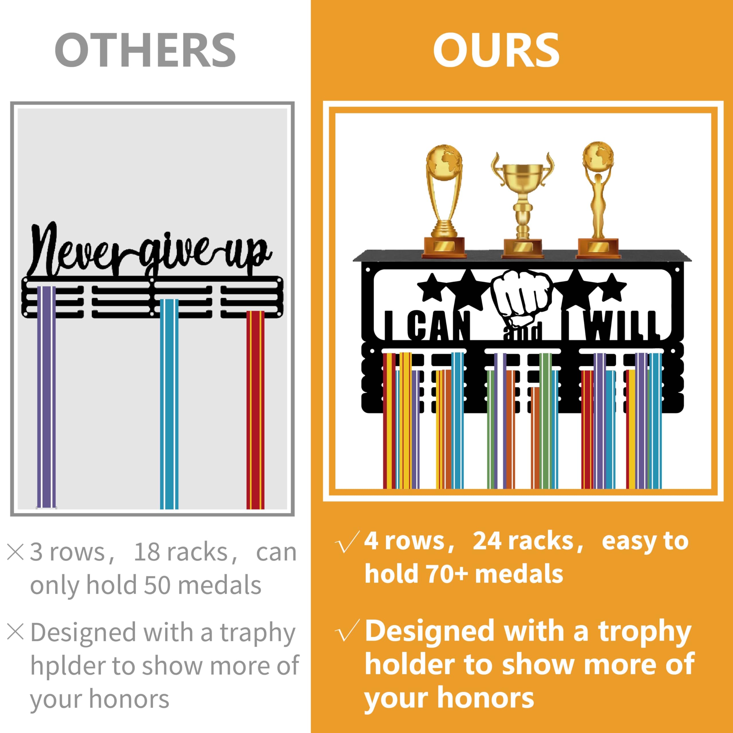 Porta Medaglie Da Parete CREATCABIN - Espositore Per Trofei Sportivi, 40x20cm, Nero, Capienza 70+ Medaglie