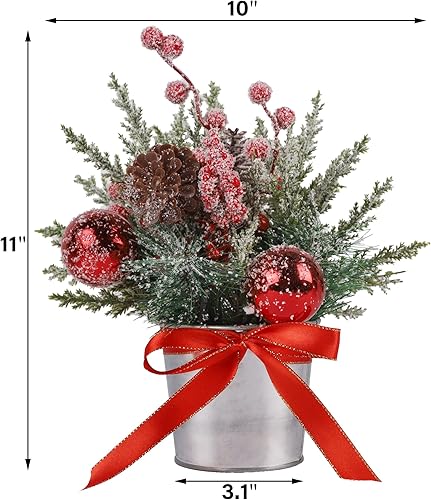 Miniatura 9 de Prsildan 2 piezas de decoración de mesa de Navidad árbol artificial con cono de pino y bayas rojas, mini árbol de nieve flocado con luces LED,