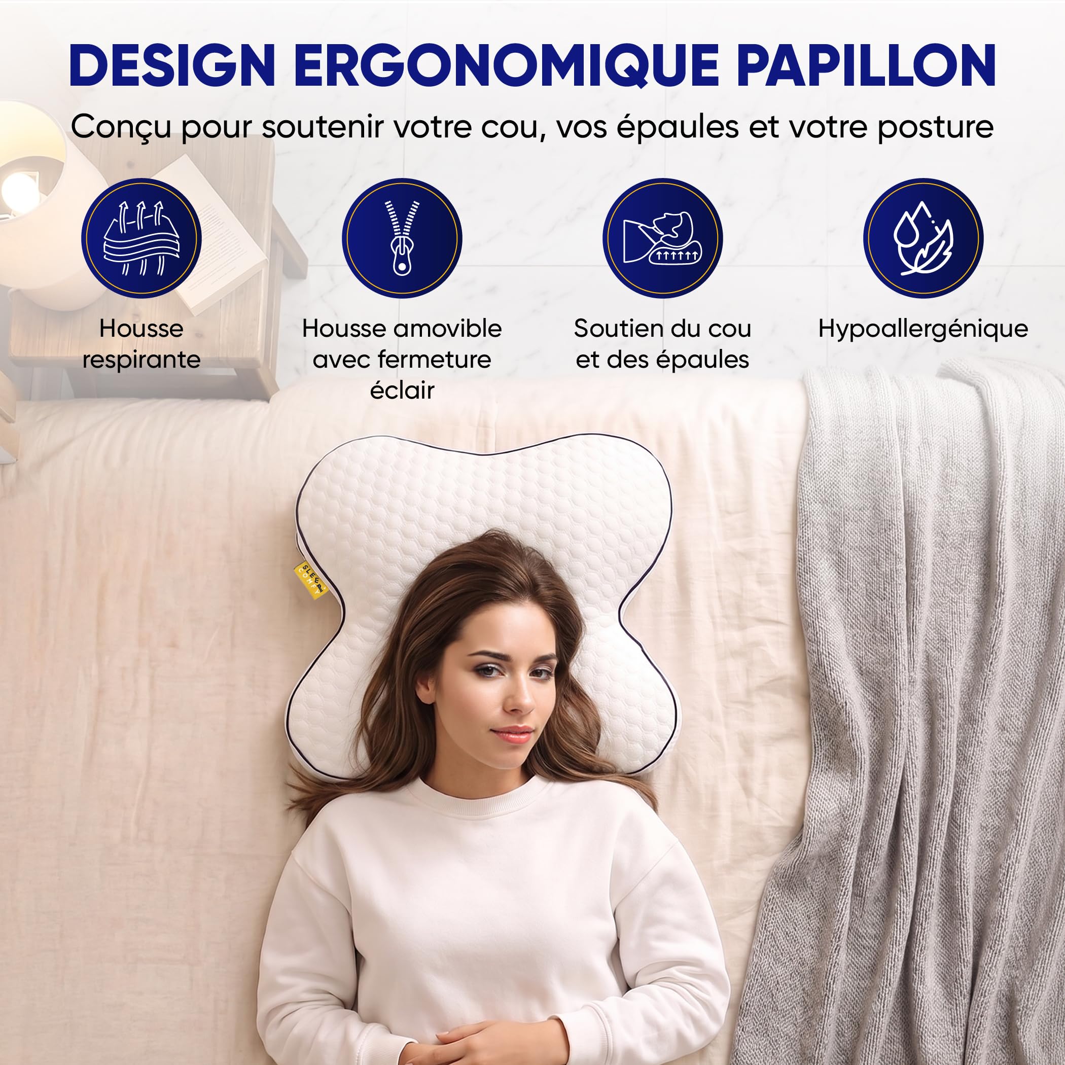 SLEEP COMFY Premium Oreiller Memory Foam, Cervical Mousse à Mémoire de Forme pour Le Soulagement des Douleurs OEKO-TEX Oreiller Orthopédique Ergonomique pour Les Dormeurs sur Le Côté Le Dos, Le Ventre