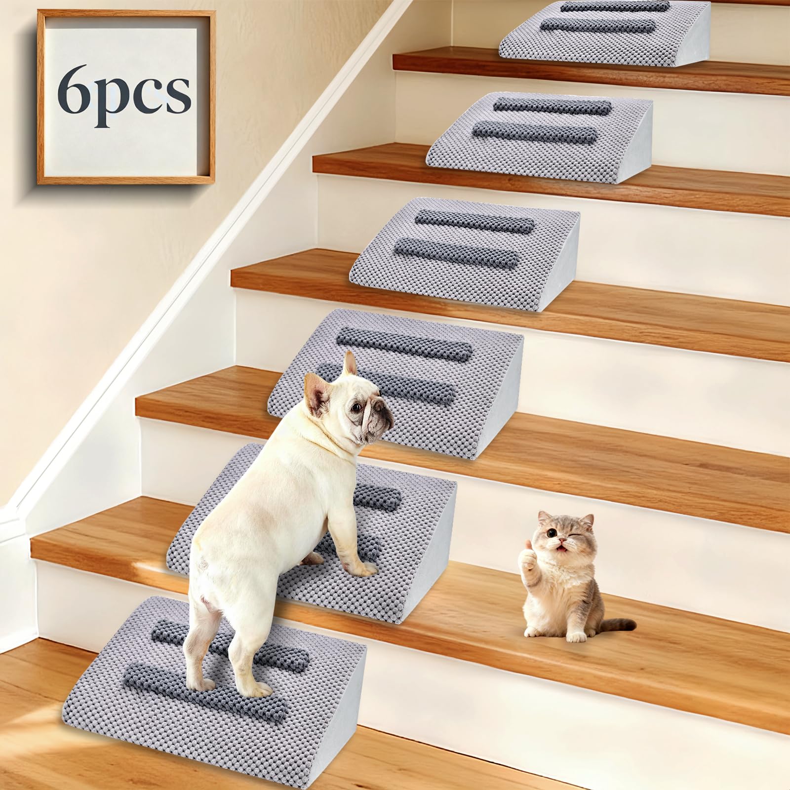 Photo 1 of **Only three** Dog Ramp for Stairs with Anti-Slip Bump for Small & Senior Dogs and Cats – Stair Wedges for Dogs with Gentle Slope, Pet Ramp with Washable Cover & Self-Sticky Pads for Safe Climbing (Gray, 6 Pack)
