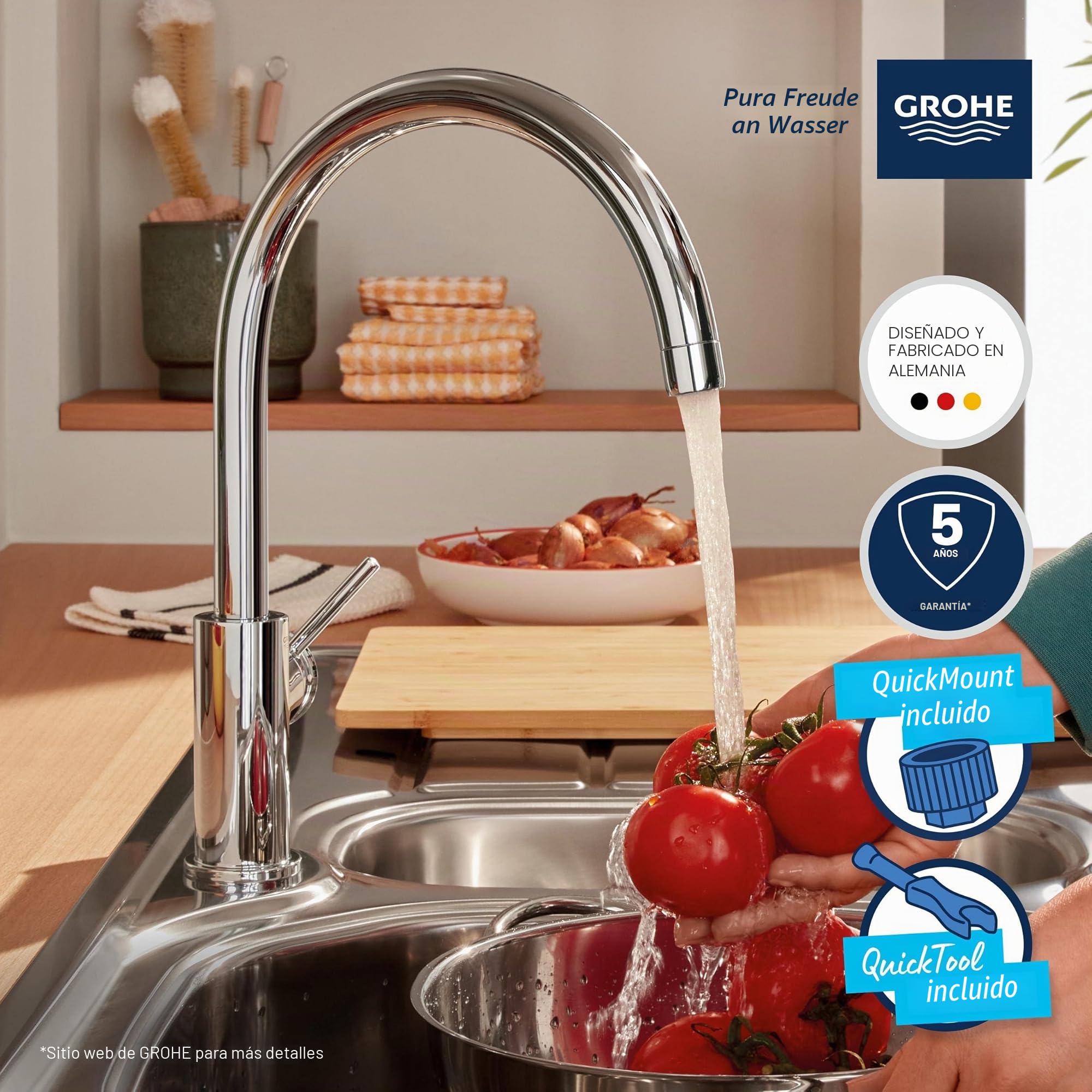 GROHE Start Classic Quickfix, Grifo de cocina (caño alto, forma en C, menor consumo de agua, sistema de instalación rápida), cromo, 31553001