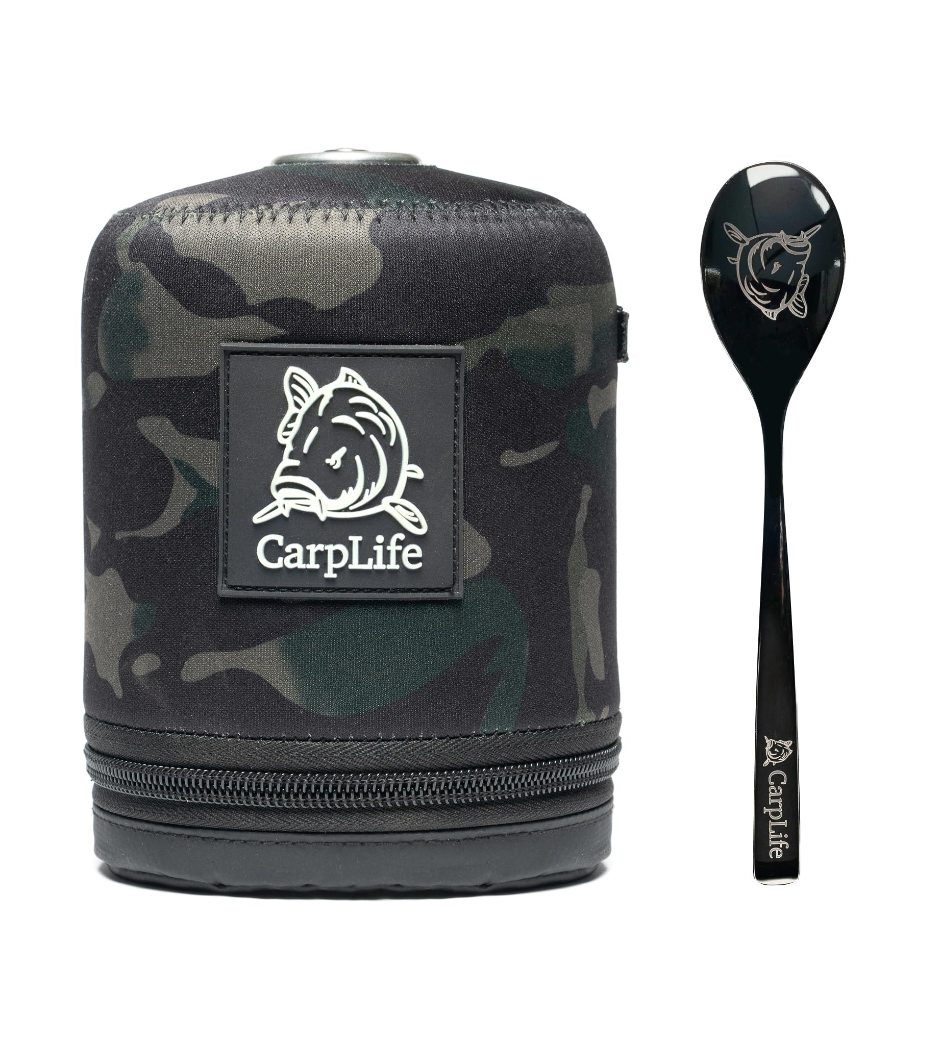 CarpLife Eclipse Camo C500 Gas Canister Cover & Teaspoon - 500g Insulated Neoprene Gas Canister Cover with Black Etched Logo Teaspoon - Fishing, Camping, Hiking, Backpacking & Road Trips