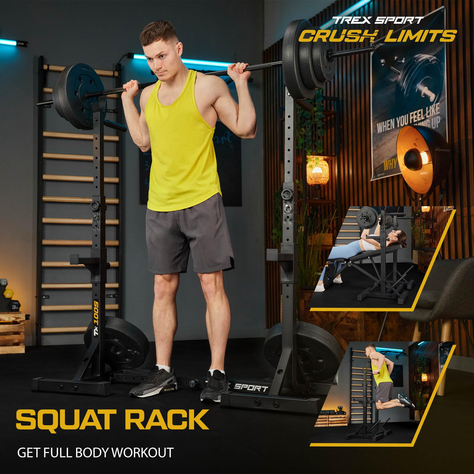 TREX SPORT Langhantelständer Squat Rack Dip-Griffen bis 250 kg TX-100S | Hantelablage höhenverstellbar mit Sicherheitsablage, Hantelscheibenaufnahmen aus Metall