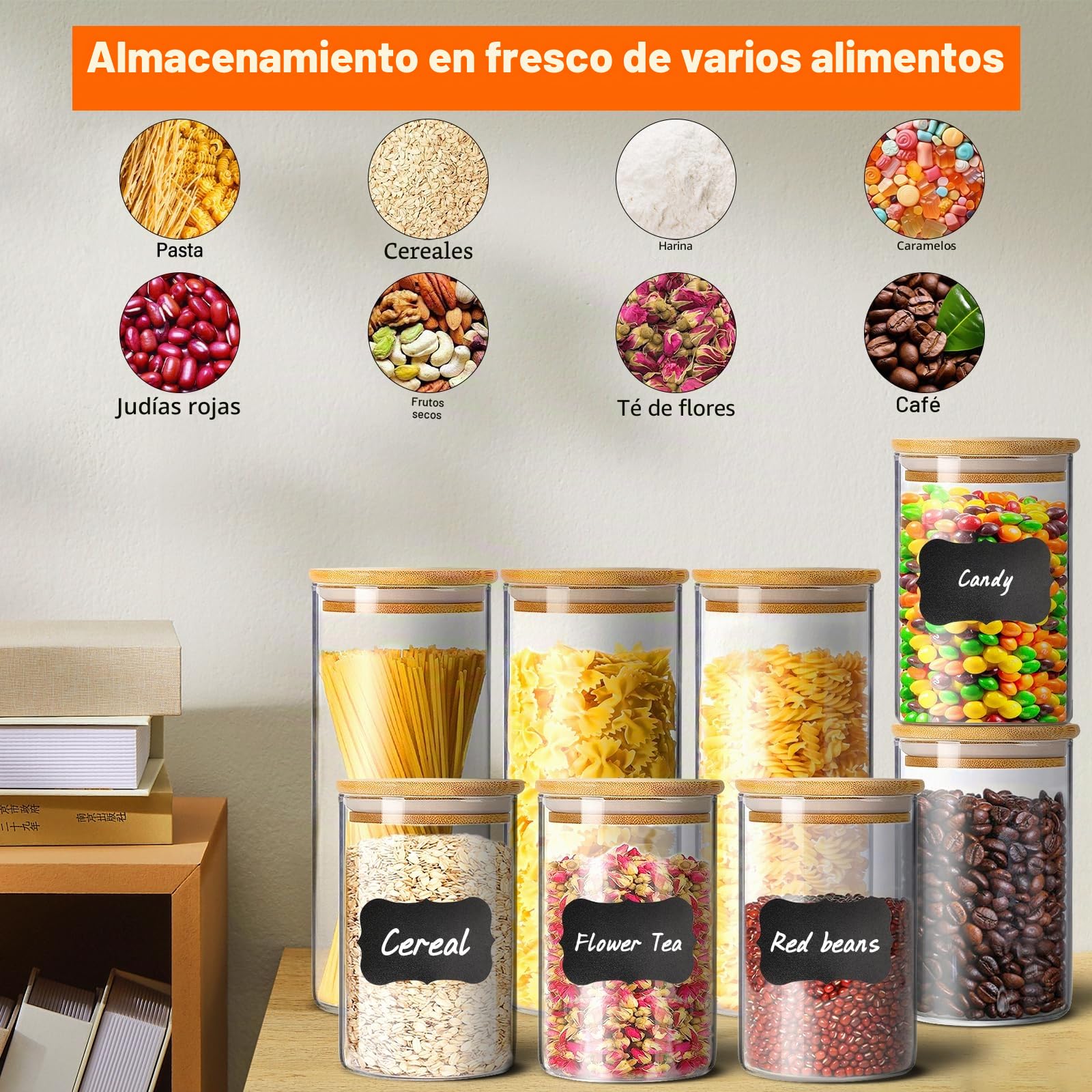 Tarros de Cristal con Tapa,12pcs Botes de Cristal con Tapa Cocina Almacenaje Apilado Estable Hermetico para Espagueti,Pasta Almacenamiento de Harina