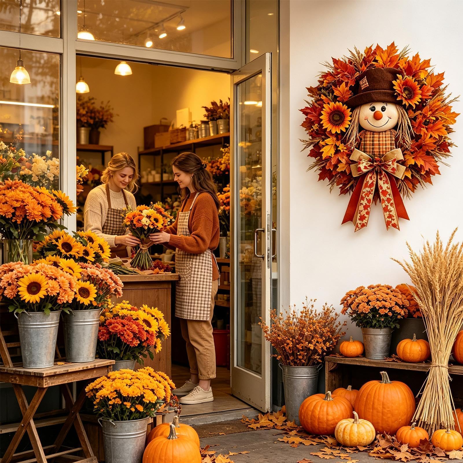 Corone Autunno Per Porta D'Ingresso Pannello Benvenuto Raccolto Acero | Corona spaventapasseri raccolto Per Halloween Ringraziamento Ospite Cremagliera Portale Giardino Esterno Interno
