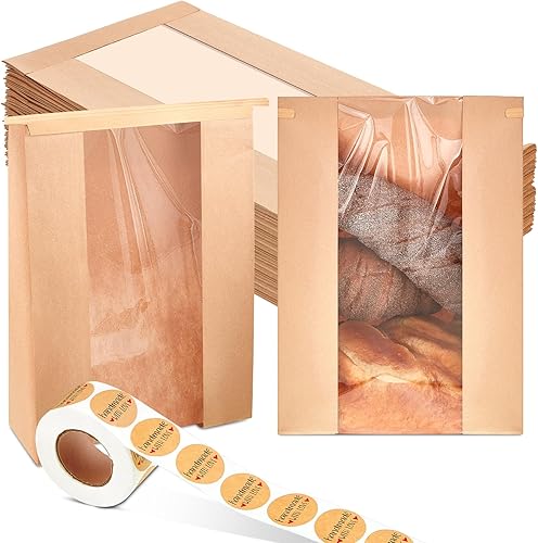 Honoson Bolsas grandes de papel kraft para panadería con ventana, bolsas de pan de pan, bloqueo de estaño, embalaje de galletas para pan casero con