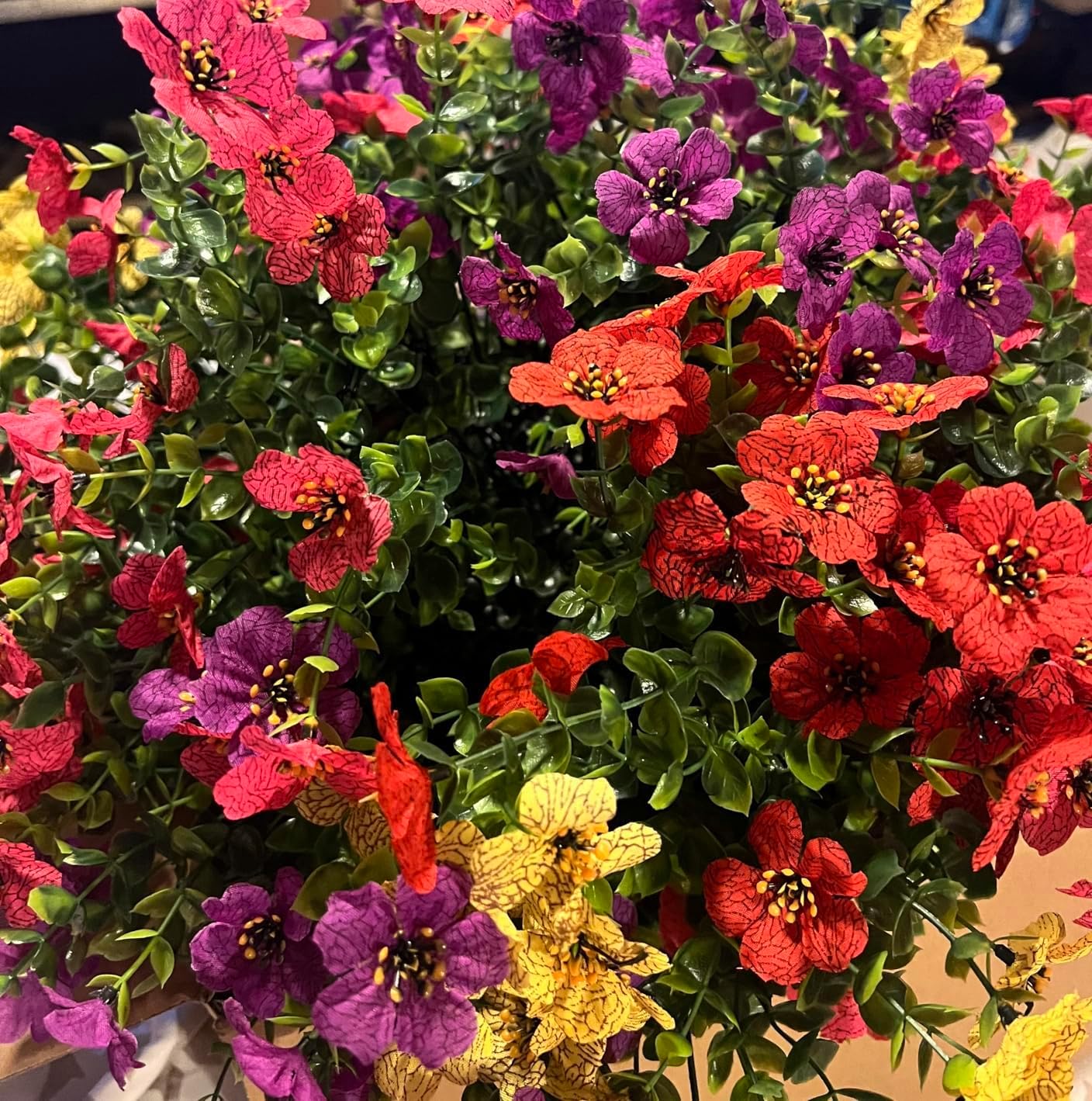 Artificial Faux Hanging Plants Flowers Basket for Summer Autumn, Colorful Daisy Flowers Eucalyptus UV Resistant Look Real for Outdoor Outside Porch Decoration